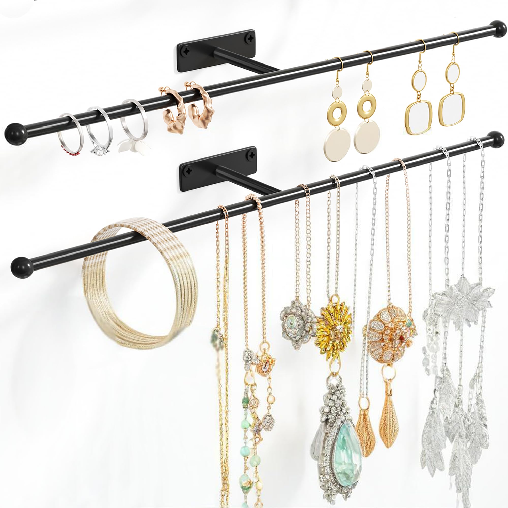 Wall Hanging Jewelry Organizer: 12.6'' Necklace Holder for Earring, Bracelet, Rings, Hairband, Glasses, Black 2-Pack, Screws Included