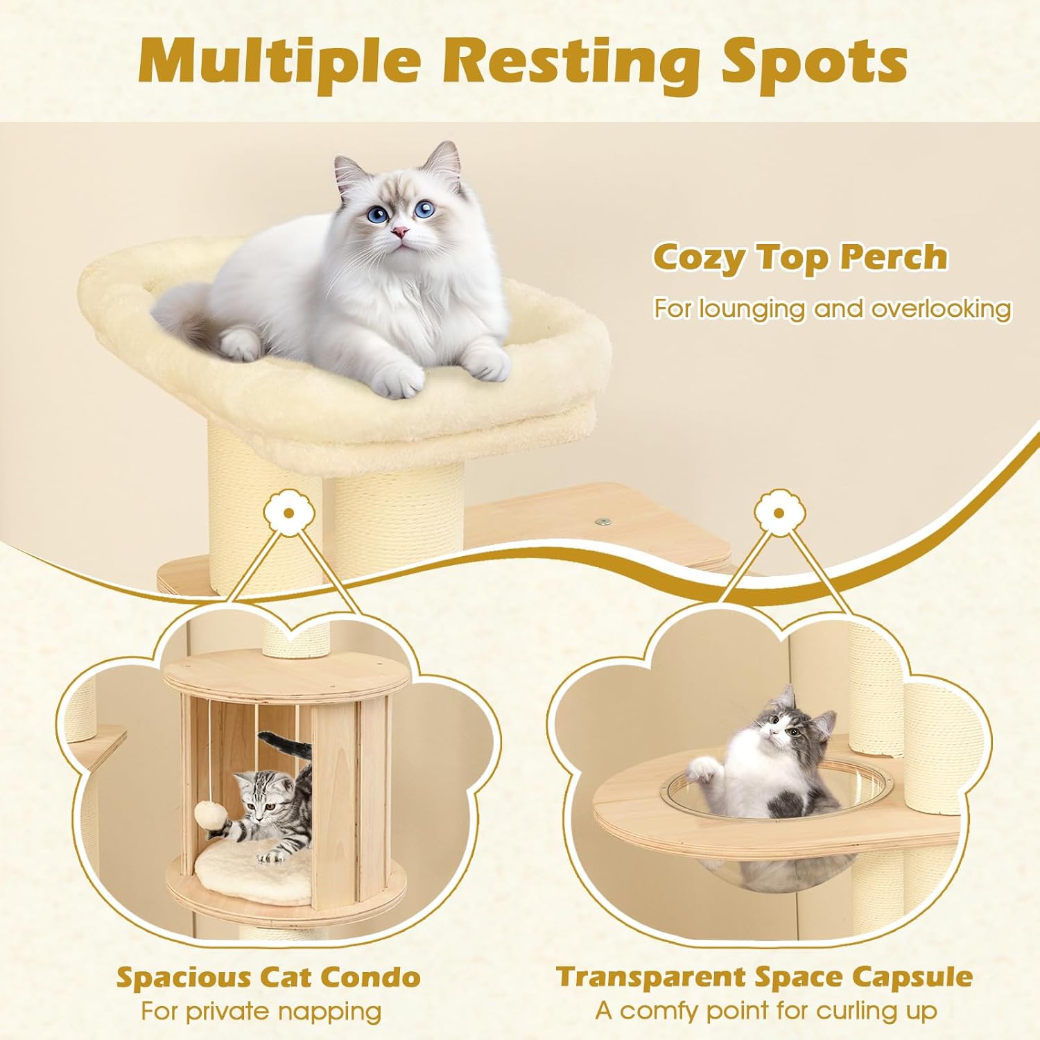 PETSITE 71 Inch Tall Wooden Cat Tree, Multi-Level Cat Tower with Scratching Posts, Cat Condo, Space Capsule, Climbing Ladder, Dangling Ball, Washable Cushions, Modern Cat Tree Tower for Indoor Cats