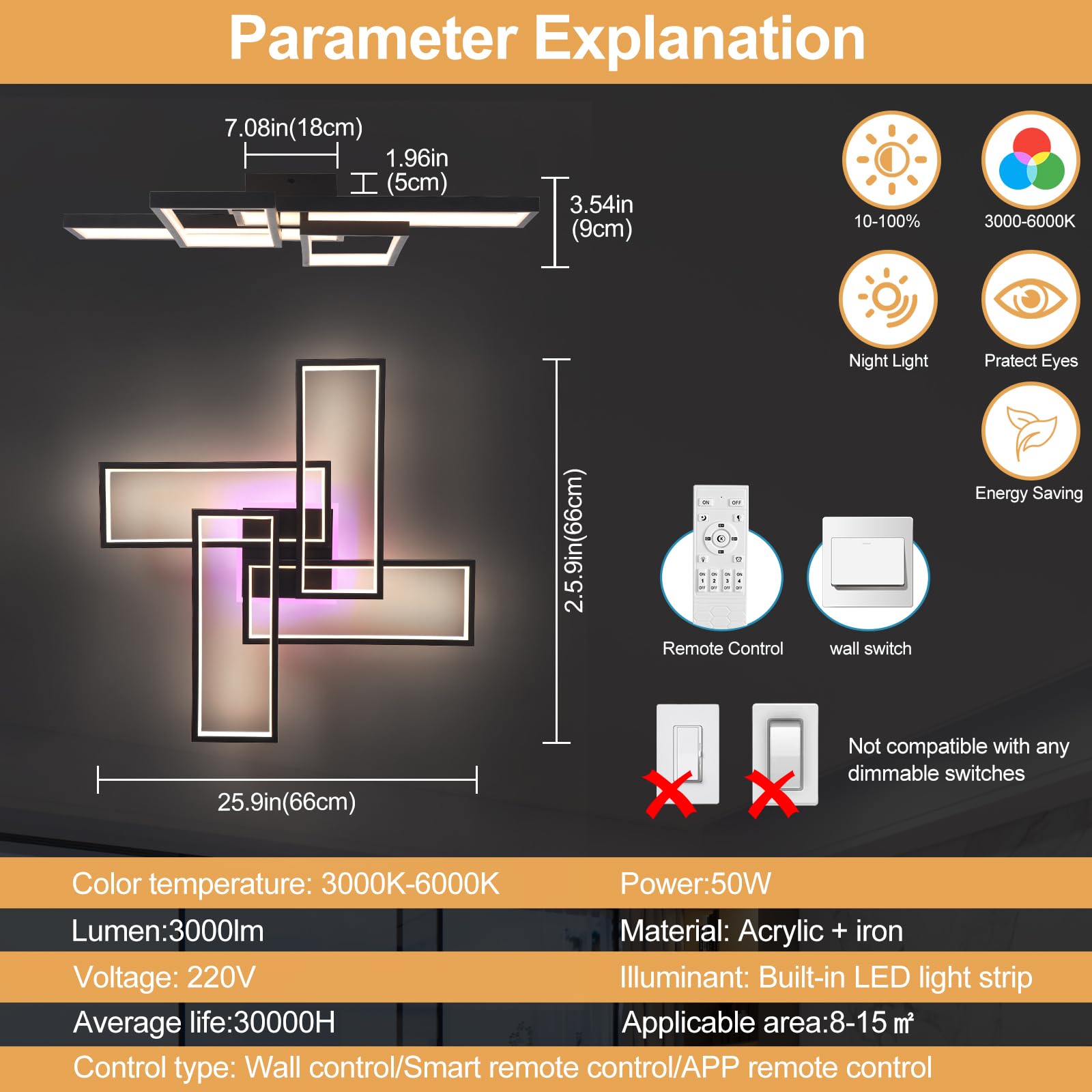Plafoniera LED Soffitto 50W, Dimmerabile, 4 Rettangoli, Nero,3000LM | Lampadario Moderno 3000-6000K con Telecomando e APP, Luce RGB Sincronizzata per Soggiorno, Camera da Letto, Ufficio, Cucina