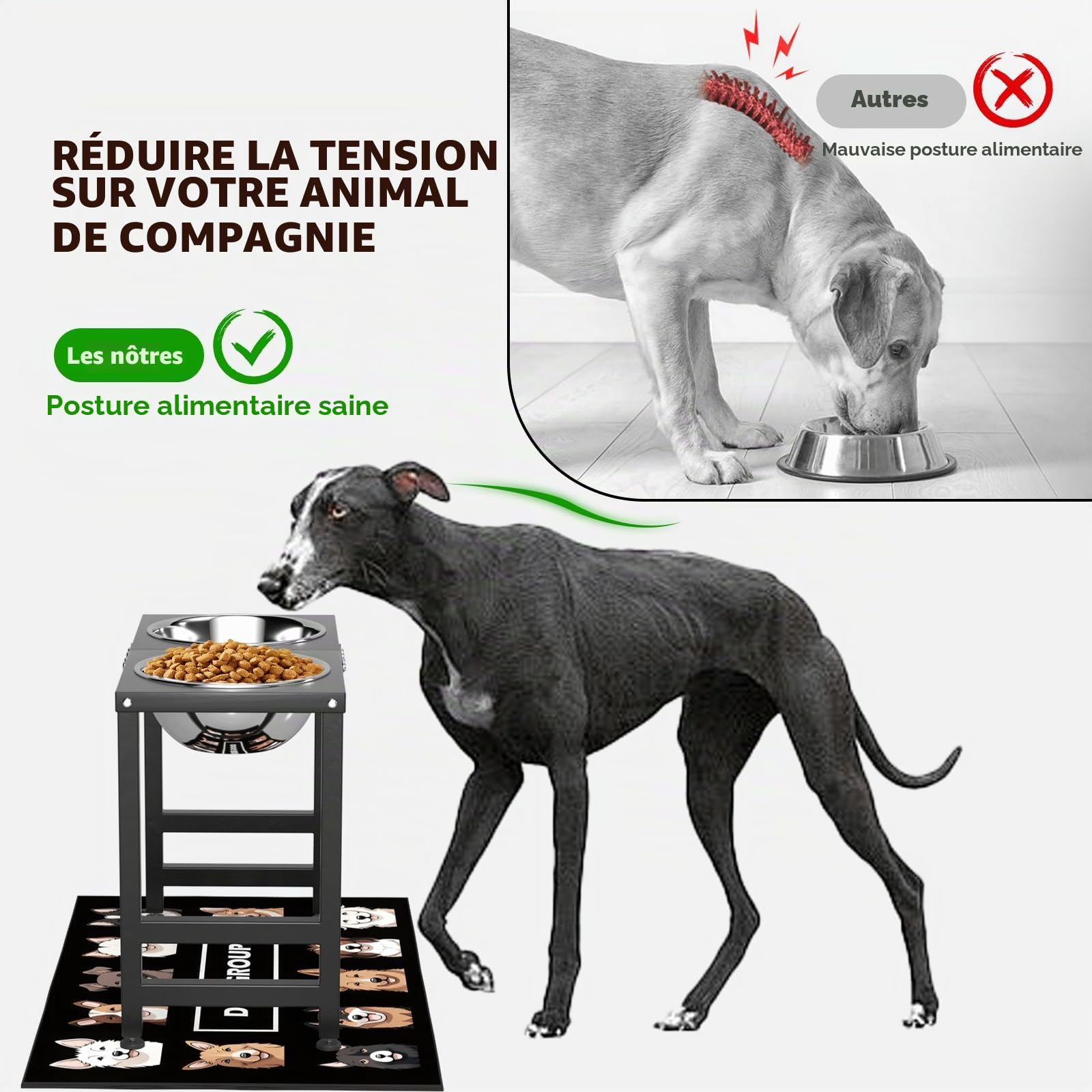 ADENGL Gamelles surélevées pour chiens de grande et grande race, support de bol surélevé avec 2 gamelles en acier inoxydable (2,863 g) et tapis anti-déversement, mangeoire pour chiens de très grande