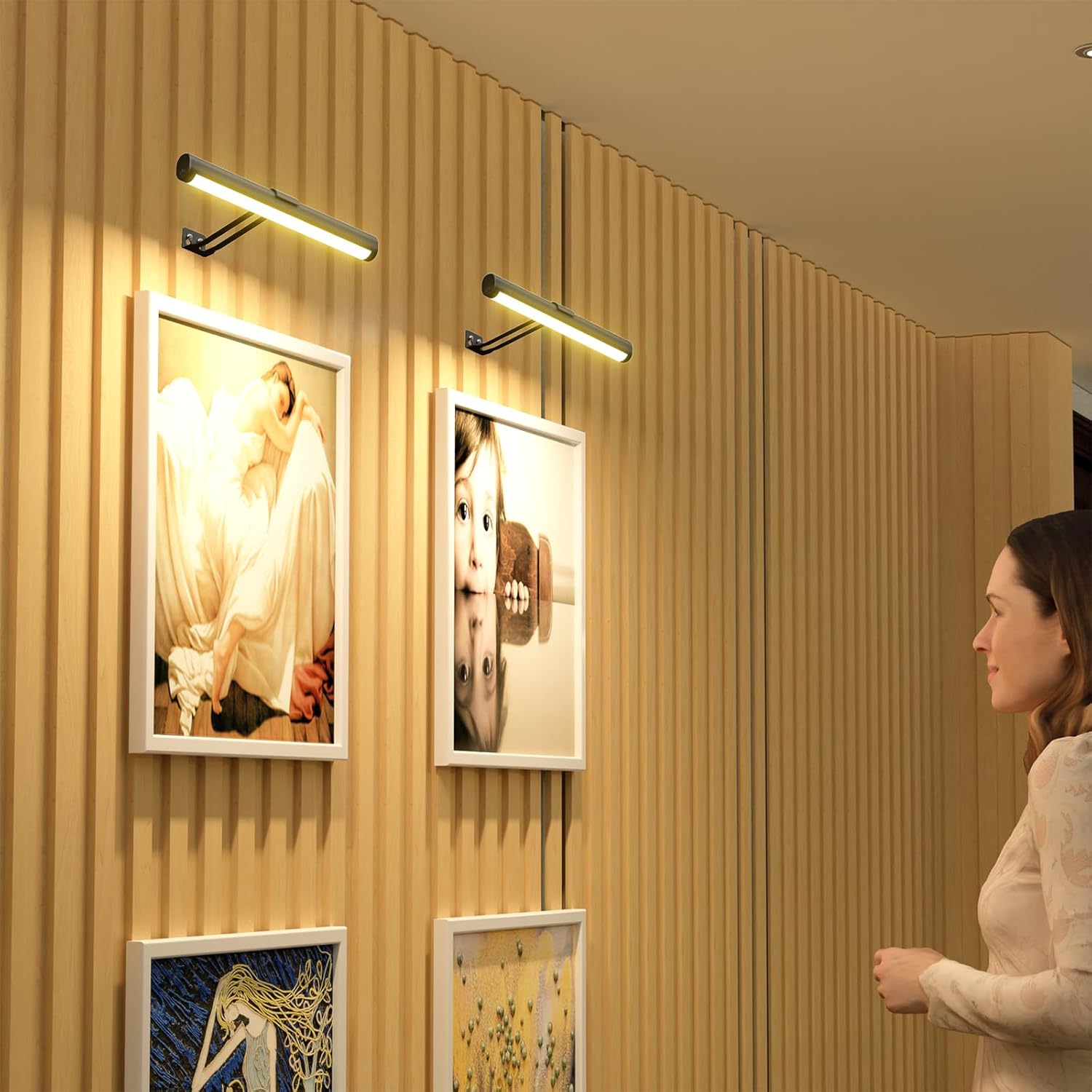 Olafus 2 pack Rechargeable Picture Light Battery Operated, Wireless wall light for Paintings, 3 color Adjustable Brightness Art light with Remote Control for Gallery, Dartboard, Frame, Portrait, Black