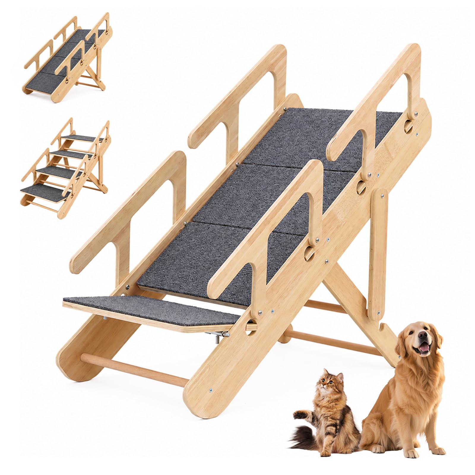 Foldable Wooden Dog Ramp, 2-in-1 Dog Ramp with Safety Railing, 80 CM Pet Ramps for Dogs, 2 Height Adjustments, Non-Slip fo Dog and Cat Up to 40kg Use for Sofa, Bed,Car
