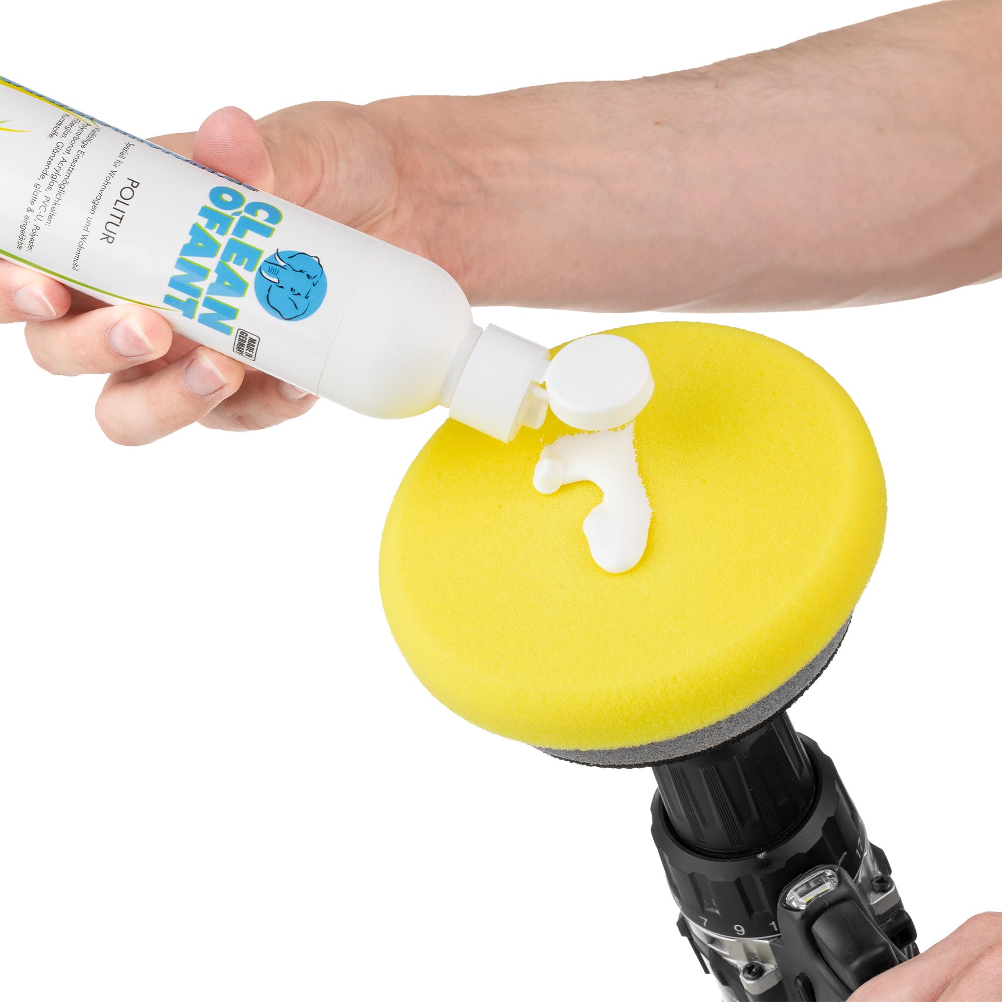 CLEANOFANT Universal POLITUR Set für Akku-Schrauber & Bohrmaschine | Polierset für Wohnwagen & Wohnmobil - Inkl. Adapter, Polierteller, Pad & Poliertuch - Entfernt Kratzer & Gebrauchsspuren