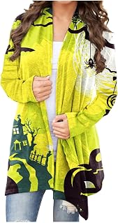 Halloween Womens Long Cardigan Irregular Hem Bat Cat Ghost Witches Pumpkin Printed Black Thin Ladies Autumn Coat Cardigan Comfortable Plus Size Three-Quarter Sleeve Coat Sports Gym Tops Jacket