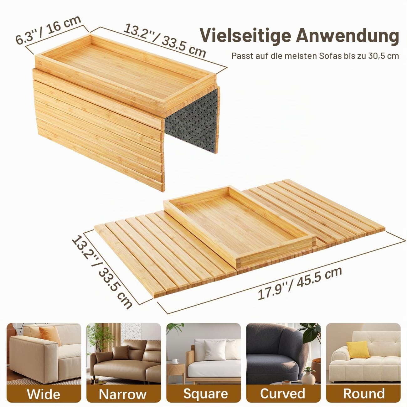 Sofatablett Armlehne, Bambus Sofa Tablett Sofa Ablage, Faltbares Couch Tablett Armlehne, Rutschfestes Sofa Armlehnentablett Sofatablett mit Getränkehalter für Snacks/Handy/Control/Tassen | Sofa Armlehne Tablett Tisch