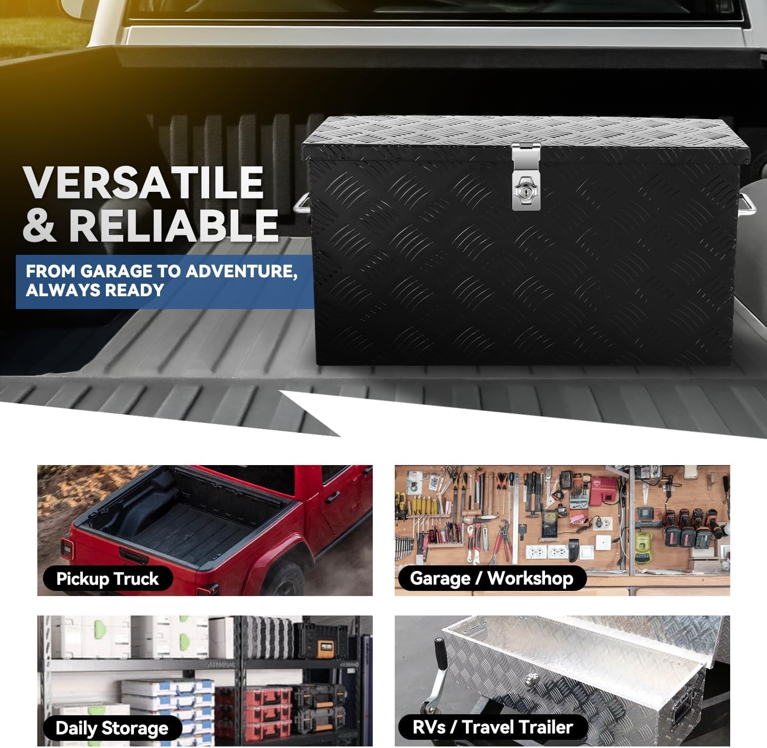 Auto Dynasty Tool Boxes Truck Bed Organizer with Fixed Side Handles, 27.2'' W x 9.4''D x 12.6" H, Powdercoated Black Aluminum & Steel