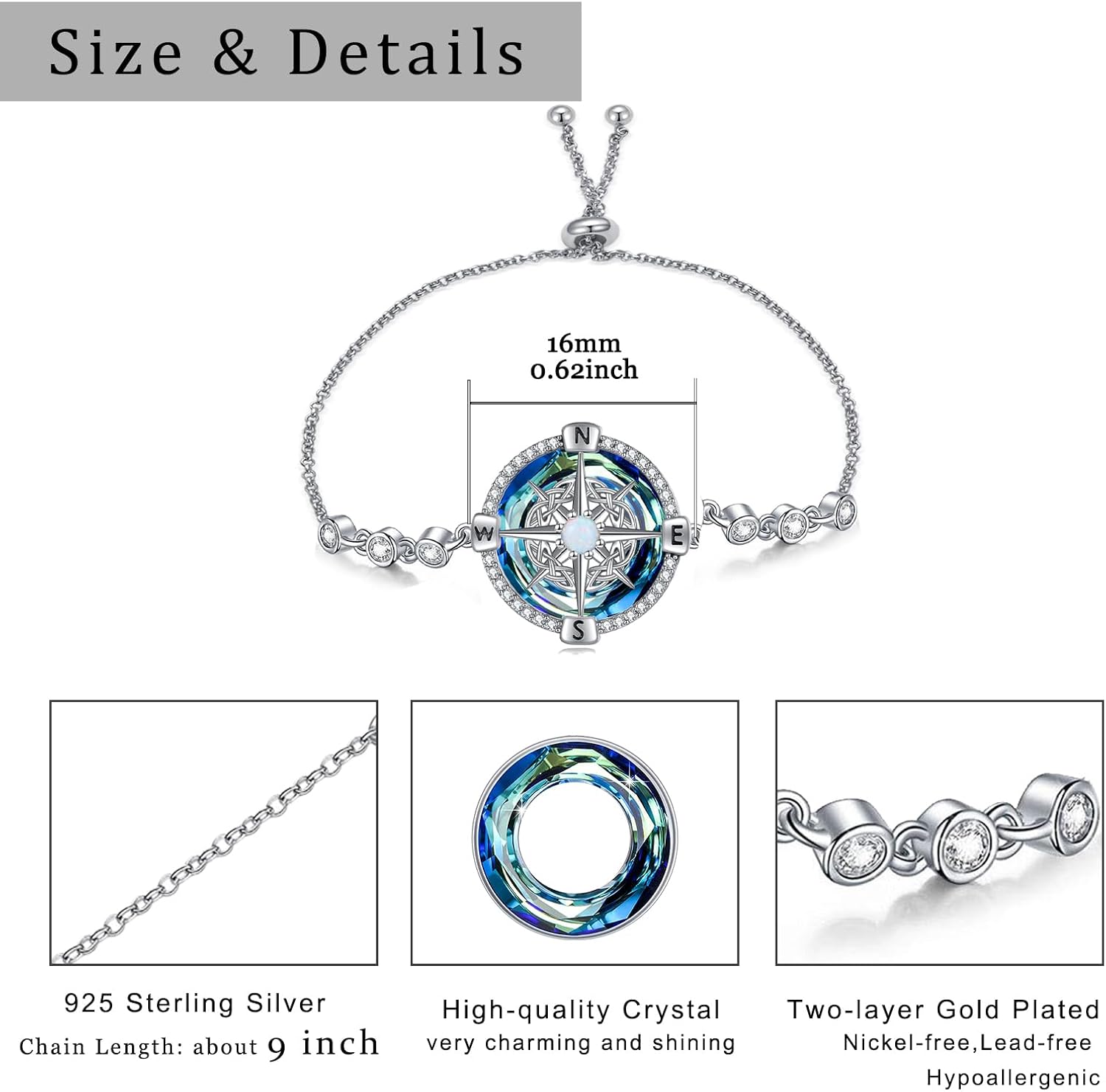 WINNICACA Valentine’s Day Gifts for Wife Compass Bracelet Anklet 925 Sterling Silver Celtic Knot Bracelets for Women Compass Jewelry with Blue Crystal Graduation Gifts for Sisters Daughter Wife - Image 6
