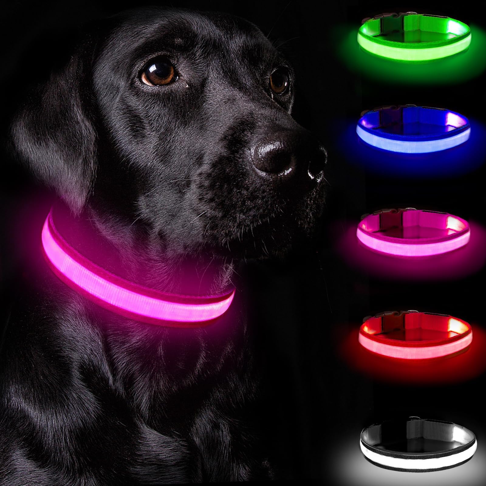 Nepfaivy Collare Luminoso per Cani Ricaricabile - Collare per Cani a Led con Lunghezza Regolabile, 3 Modalità di Illuminazione per la Sicurezza Notturna, Rosa