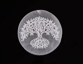 AMOYSTONE 1Pc Decorative Plates Round White Selenite Charging Crystal Plates Station Engraving Pattern Tree of Life 3"