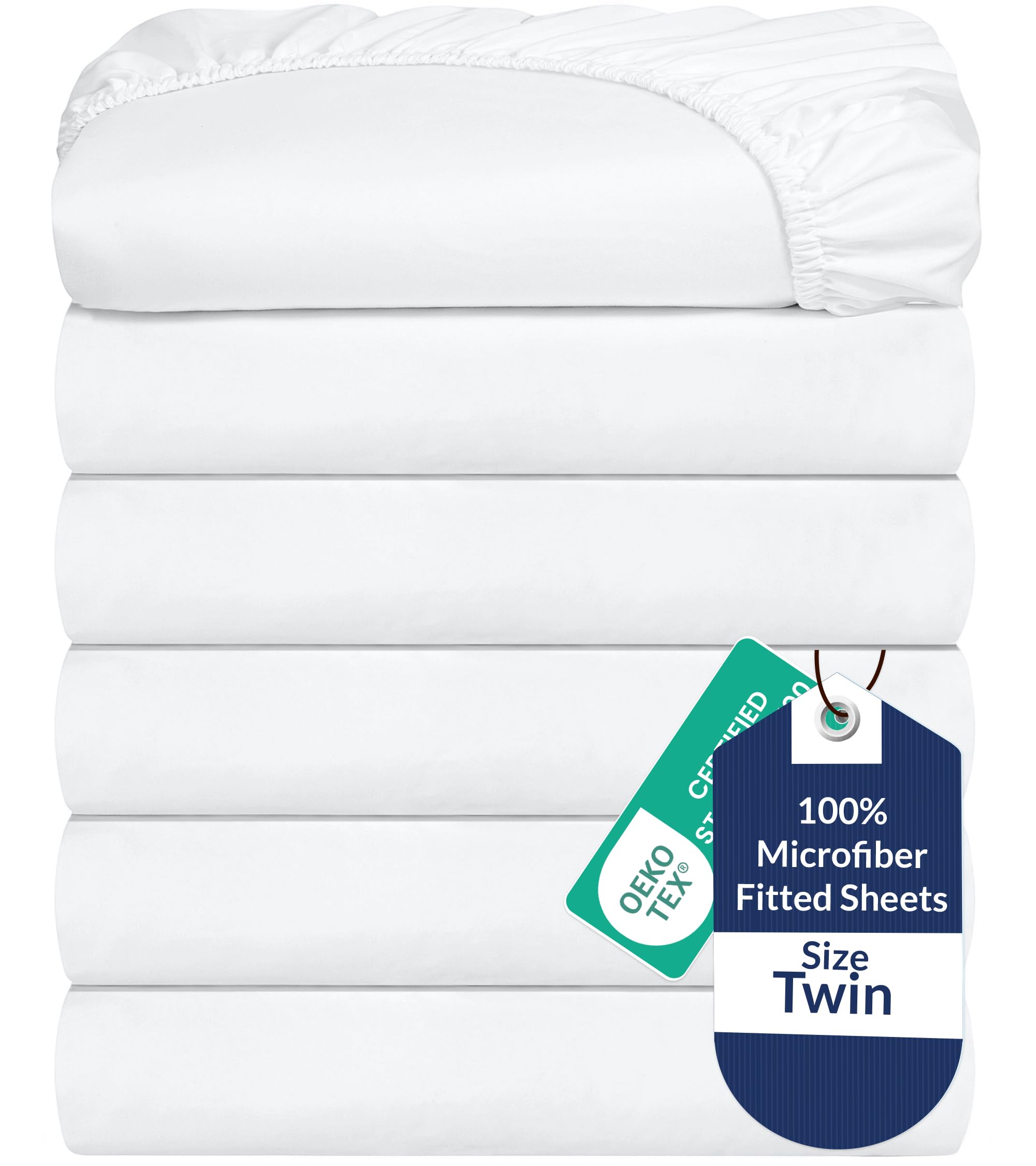 Royale Linens 6 Pack Twin Fitted Sheet Set - Bottom Sheet - Ultra Soft & Breathable - Brushed 1800 Microfiber - Wrinkle & Stain Resistant - Hotel