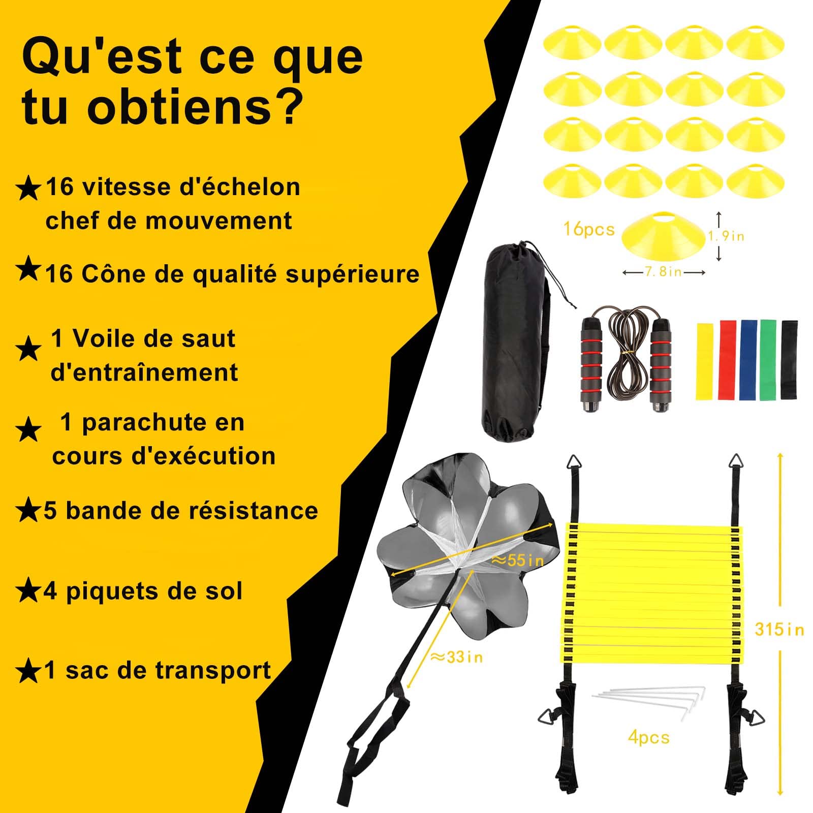 Kit d'entraînement de Football Enfant, Echelle Football Entraînement, Agility Speed Accessoires de Foot - 1 Échelle de Rythme Foot de 8 m,1 Parachute,16 cônes,4 poteaux,1 Corde Sauter