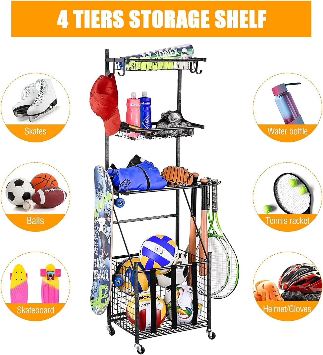 PLKOW Sports Equipment Storage for Garage, Indoor/Outdoor Sports Rack for Garage, Ball Storage Garage Organizer with Basket and Hooks,Toy/Sports Gear Storage (Black) : Sports & Outdoors
