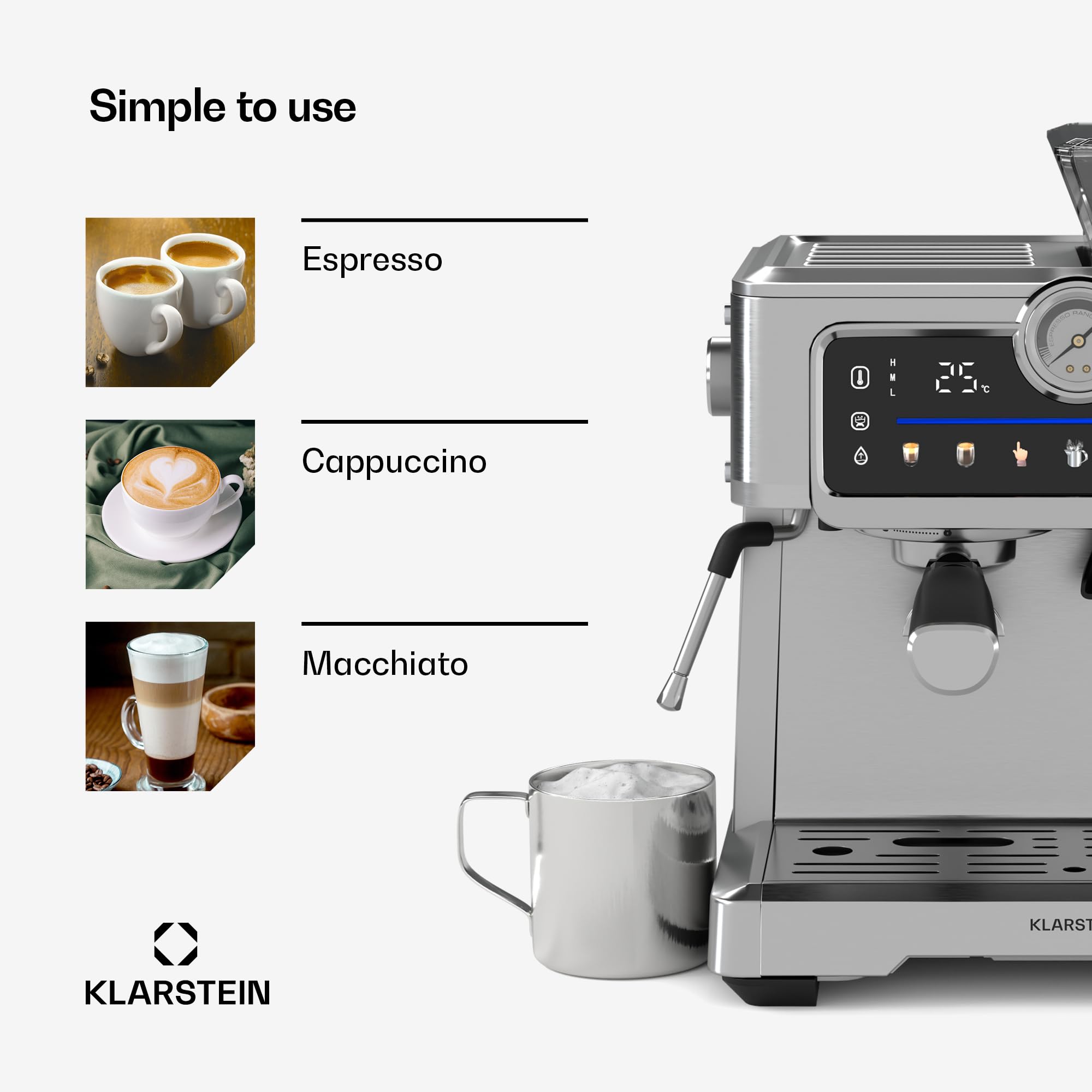Klarstein GrandPresso Touch Ekspres kolbowy z młynkiem – 20 barów, 1350 W, Zintegrowany precyzyjny młynek, Zbiornik 2,3 l, Ekran dotykowy, Stal nierdzewna, Dysza parowa, Manometr