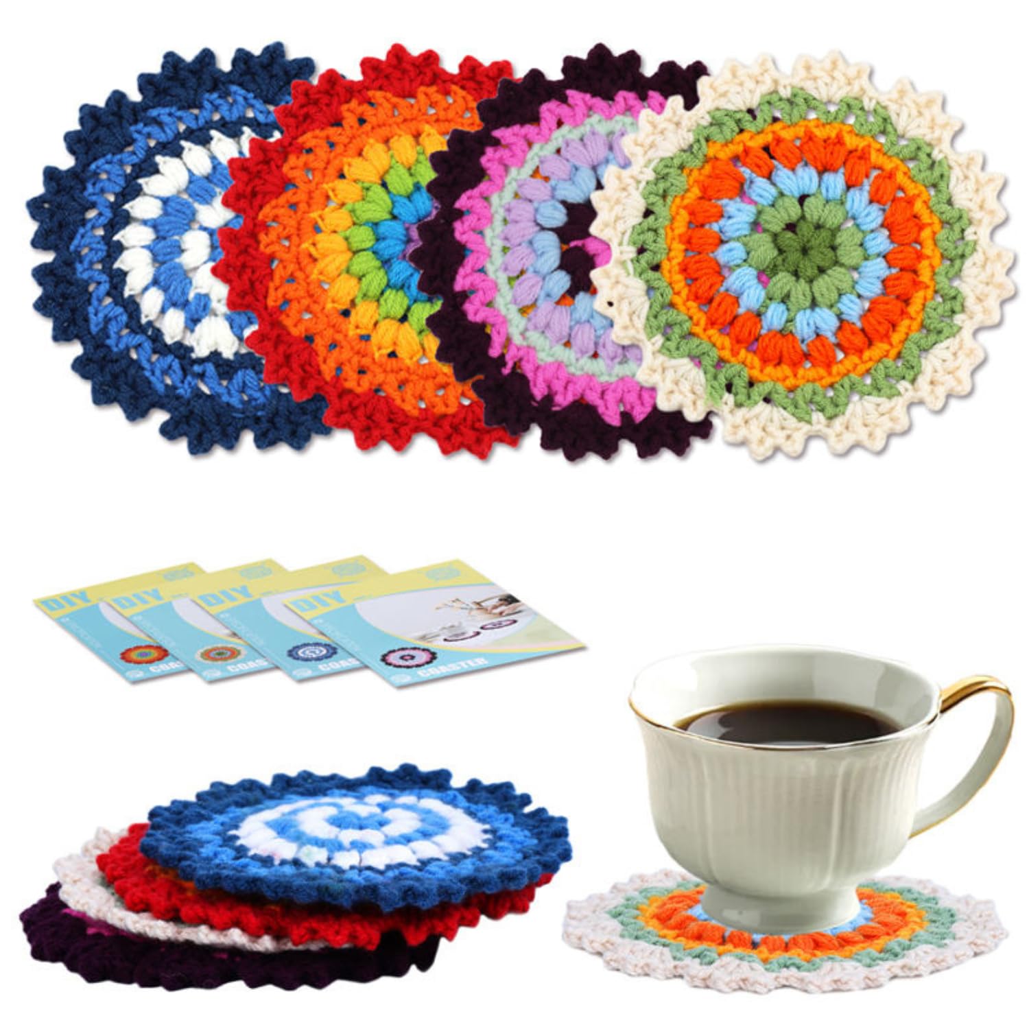 Tusmad 4Pcs Diy Floral Crocheting Coasters Material Kit With Ergonomic Hooks,Vibrant Yarns,Needle & Step-By-Step Guide - Decorative & Functional Tea Coasters Ergonomic Hooks,Vibrant Yarns,Multicolour