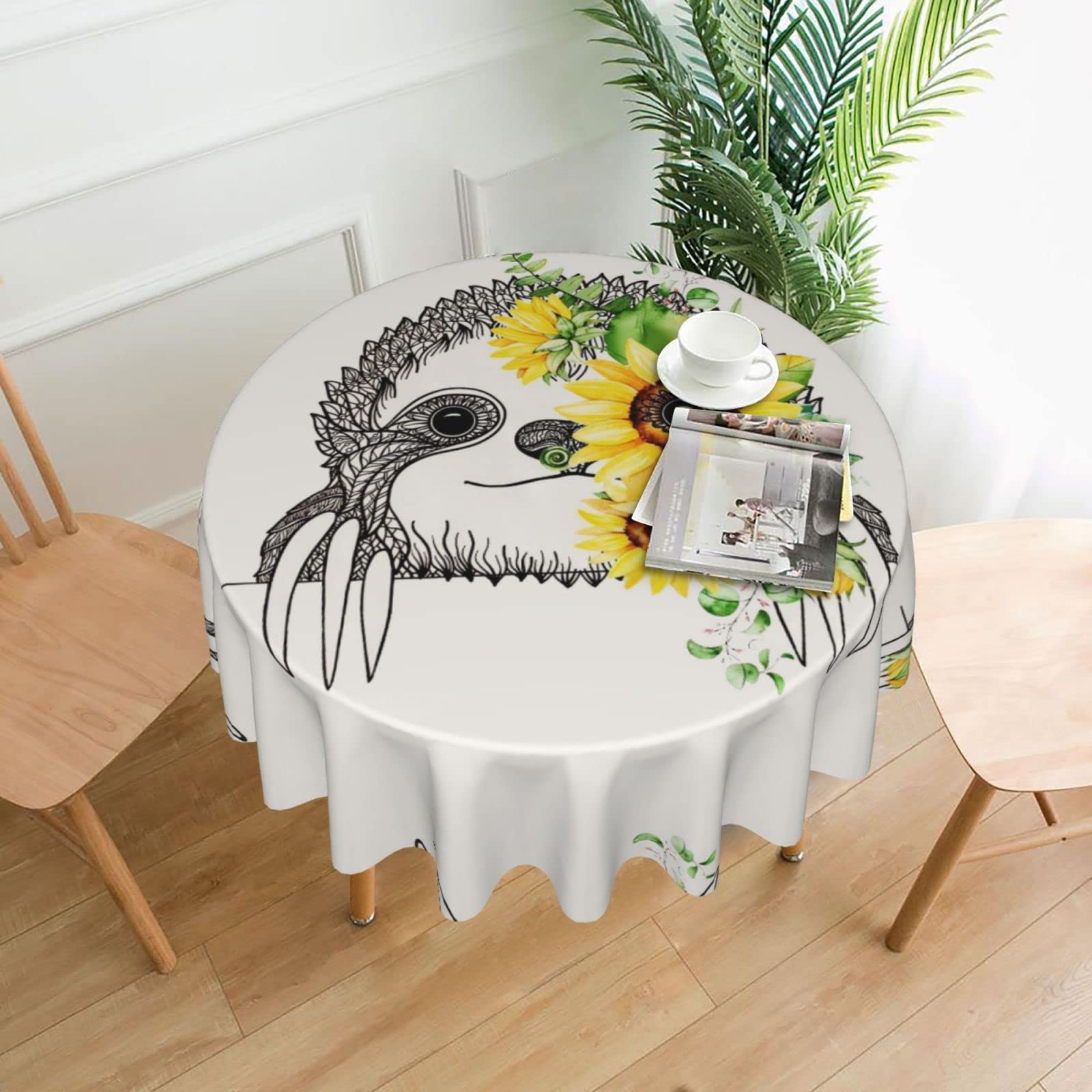 Lawenp Sloth Sunflower Decorative Round Table Cloths - 60 Inches in Diameter for Buffet Tables, Parties, Holiday Dinners.
