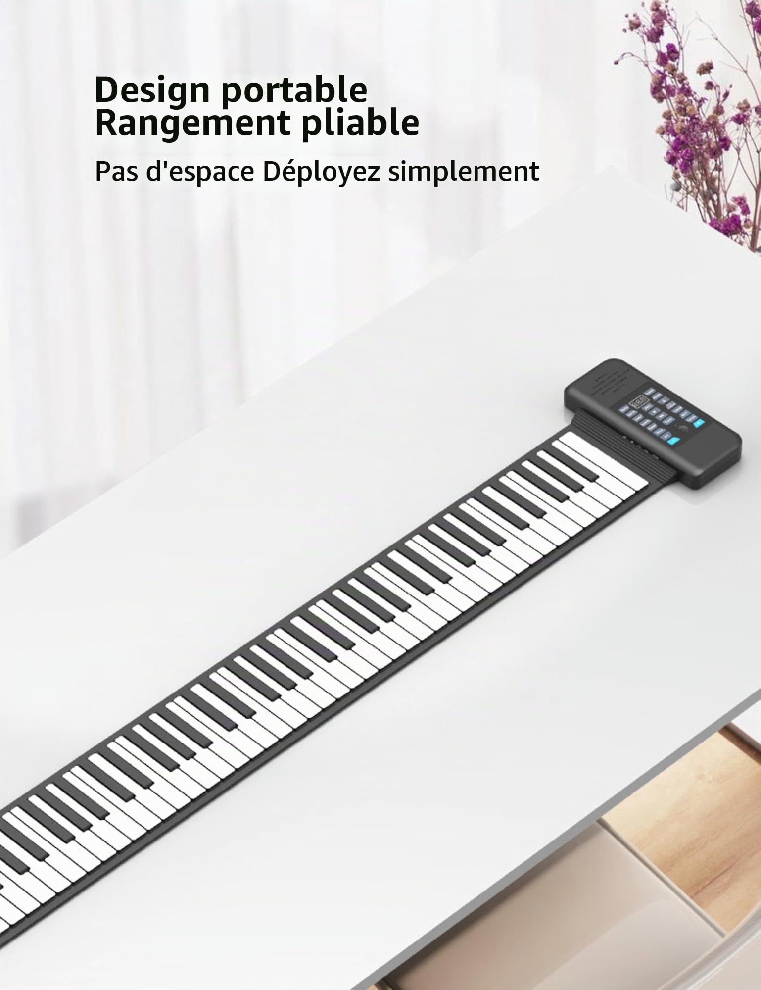 Piano Enroulable 88 Touches, Clavier de Piano électrique Rechargeable avec 128 Tonalités et Haut-parleur Intégré, Fonction MIDI Bluetooth, Piano électrique Portable(Le noir)