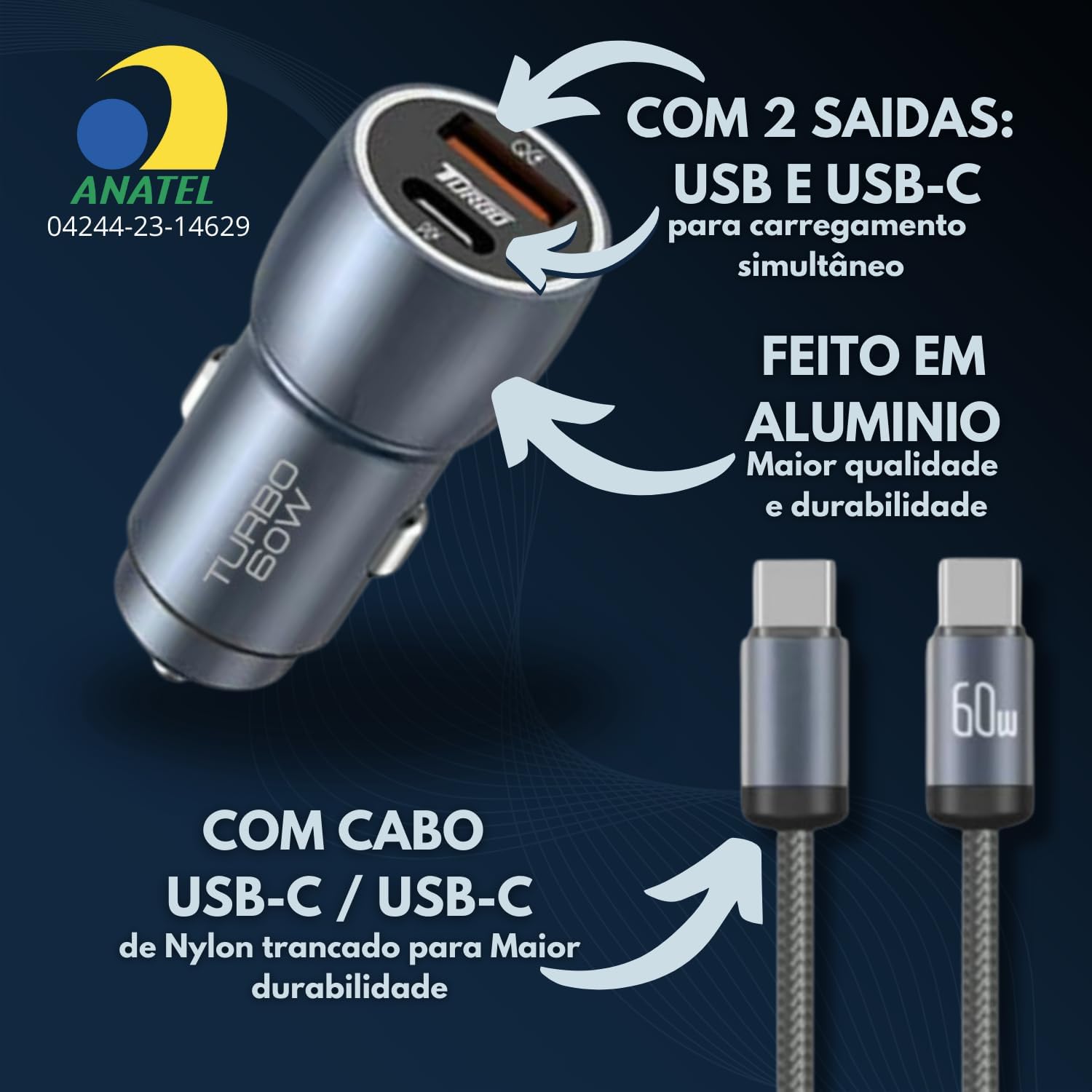 Carregador Veicular Turbo 60W Pro, Kit com Cabo USB-C. Duas portas USB 3.0 + USB-C, Led, Carregamento Rápido 9.1A Fast Charge Carro/Automotivo Compatível com IOS e Android – Premium (Cinza) Carregador Veicular Turbo 60W Pro, Kit com Cabo USB-C. Duas portas USB 3.0 + USB-C, Led, Carregamento Rápido 9.1A Fast Charge Carro/Automotivo Compatível com IOS e Android – Premium (Cinza)