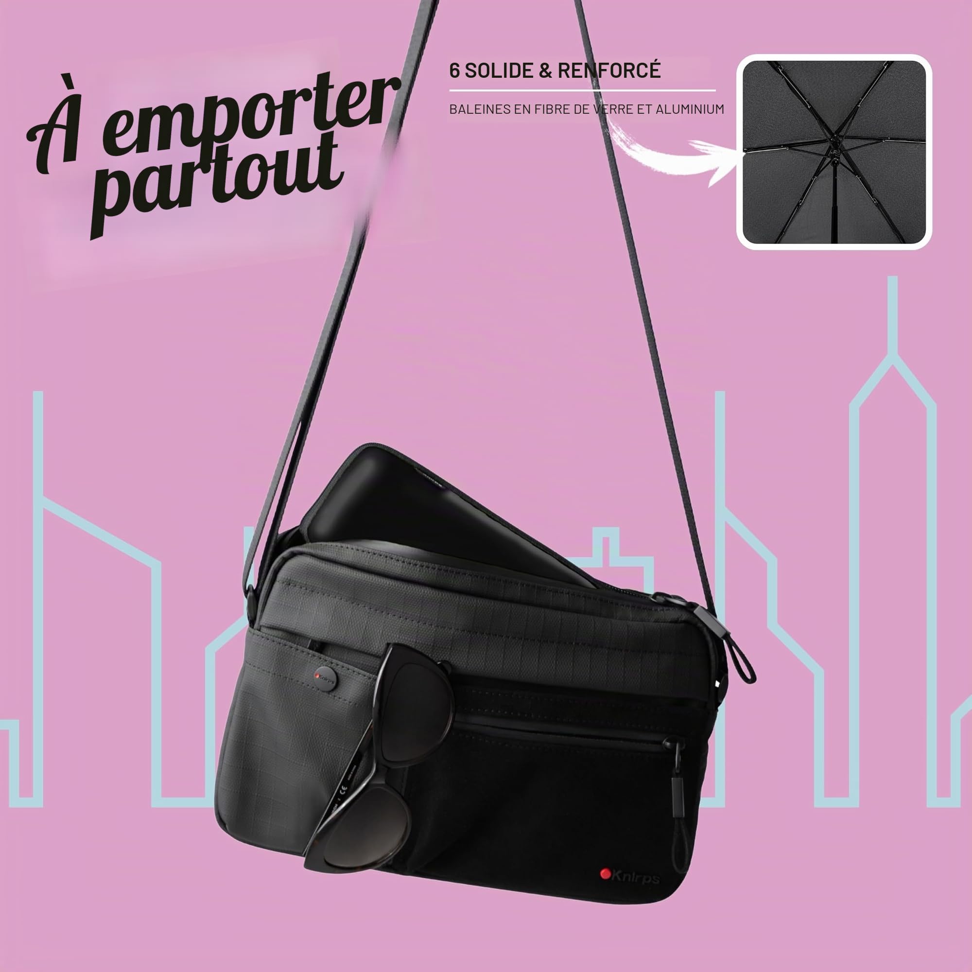Knirps X4U My Clever Companion Parapluie 90 cm de diamètre, coupe-vent, ouverture et fermeture à la main, design compact pour voyage et protection contre les intempéries avec fonction