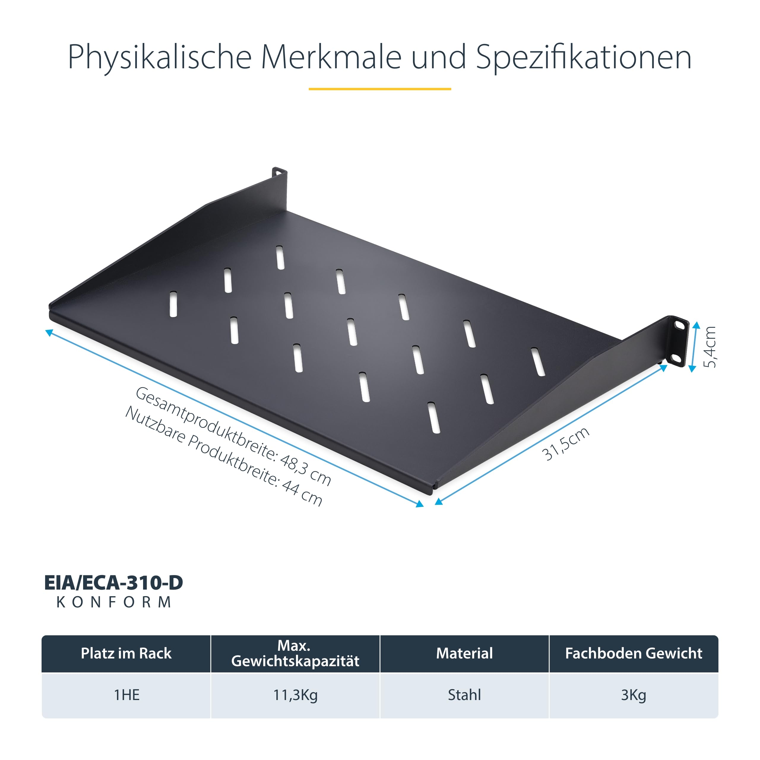 StarTech 1HE Fachboden Belüftet, 12 Zoll Tief, 11,3kg (CABSHELFV1U-12-RACK) | Perforierte Rackablage, Serverschrank, Rackmontage, SPCC Stahl, 31, 5cm