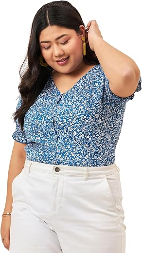 Berrylush Curve Women Plus Size Floral Printed V-Neck Puff Sleeves Button-Up Crepe Smocked Regular Top