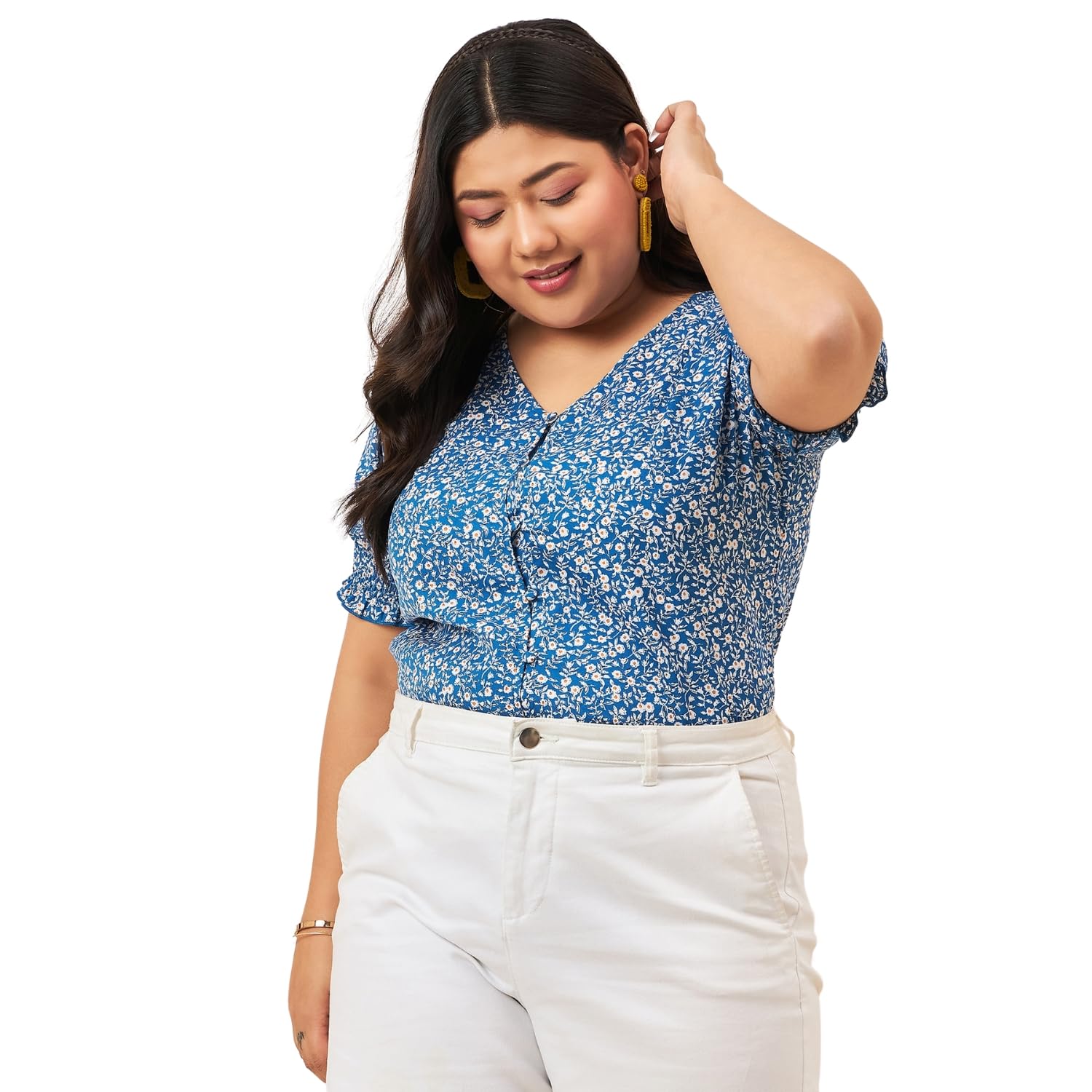 Berrylush Curve Women Plus Size Floral Printed V-Neck Puff Sleeves Button-Up Crepe Smocked Regular Top - Review, Price and Buying Guide
