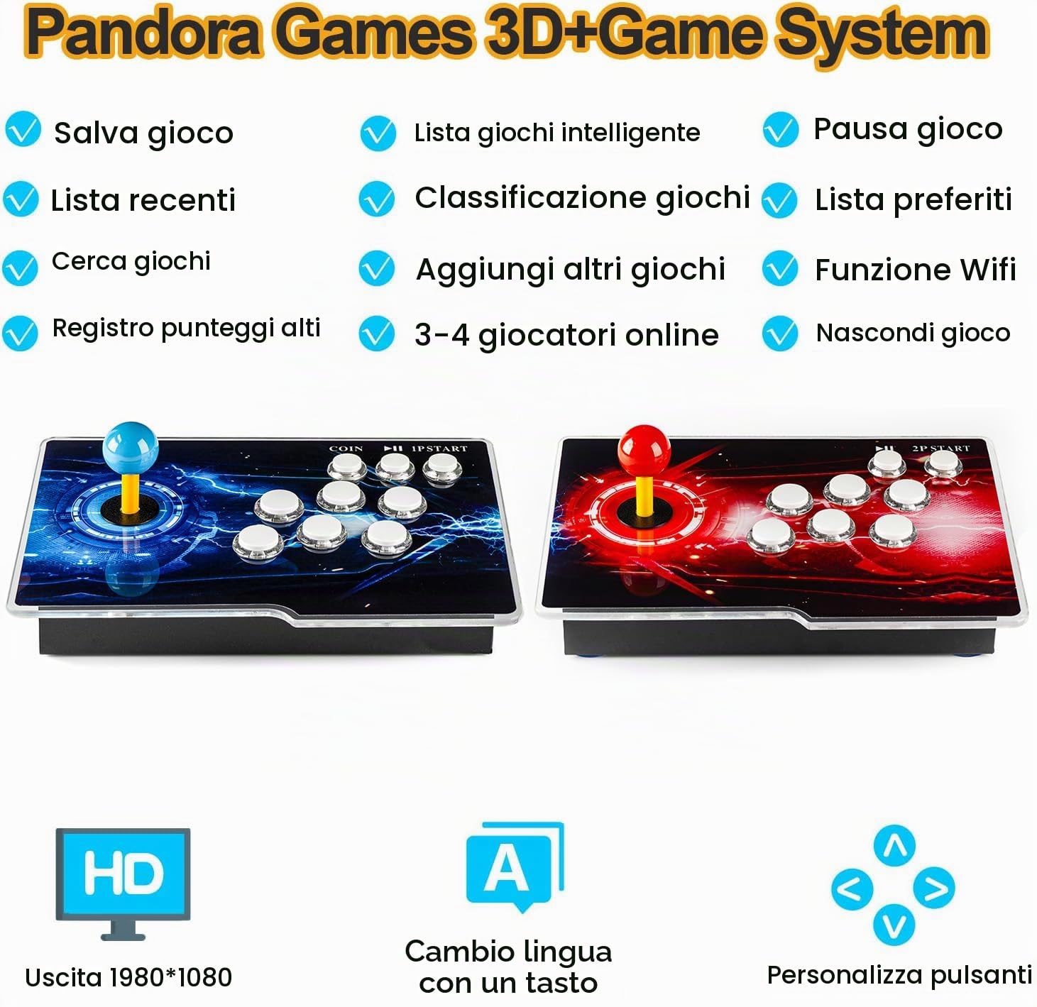 35000 Giochi in 1 Pandora Box Retro Arcade Console di gioco con due host separati per PC e proiettore e TV 3D 1-4 giocatori Categoria Elenco preferiti Salva/Cerca/Nascondi/Pausa/Elimina