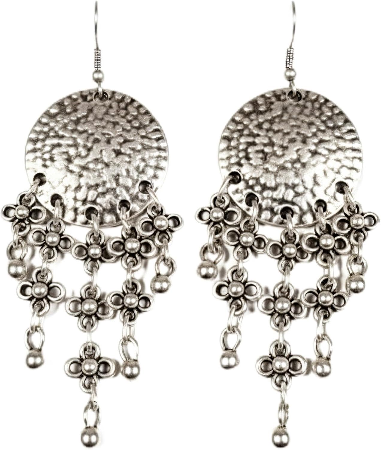 Bohemian Silver-Plated Pewter Chandelier Earrings, Oxidized Finish, Hammered Disc with Floral Dangles, Festival Boho Style ZEP035
