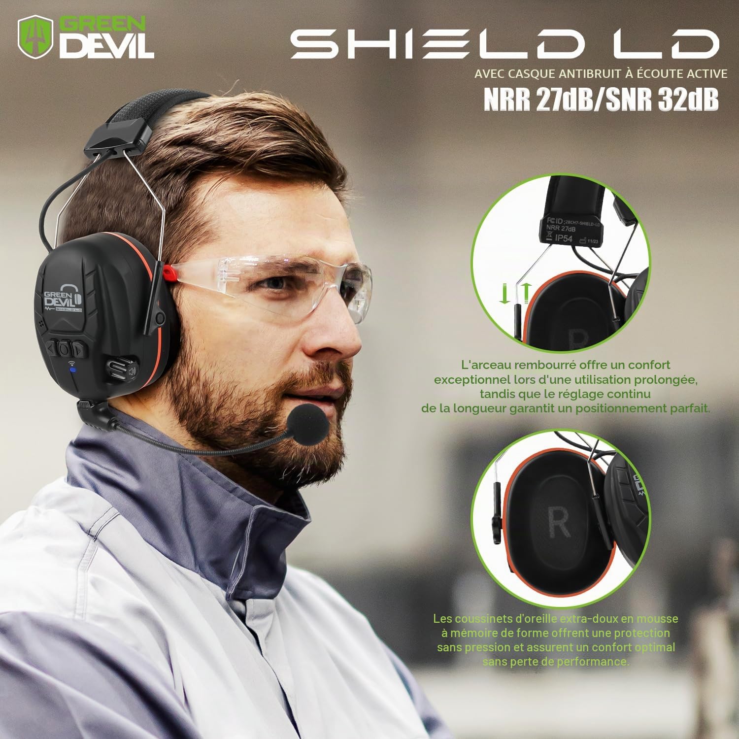 GREEN DEVIL Shield LD Aktiver Gehörschutz - elektronischer Gehörschützer mit Bluetooth 5.3 Technologie Integriertes Mikrofon EN352-konforme SNR 32dB für Mähen und Lärmintensive