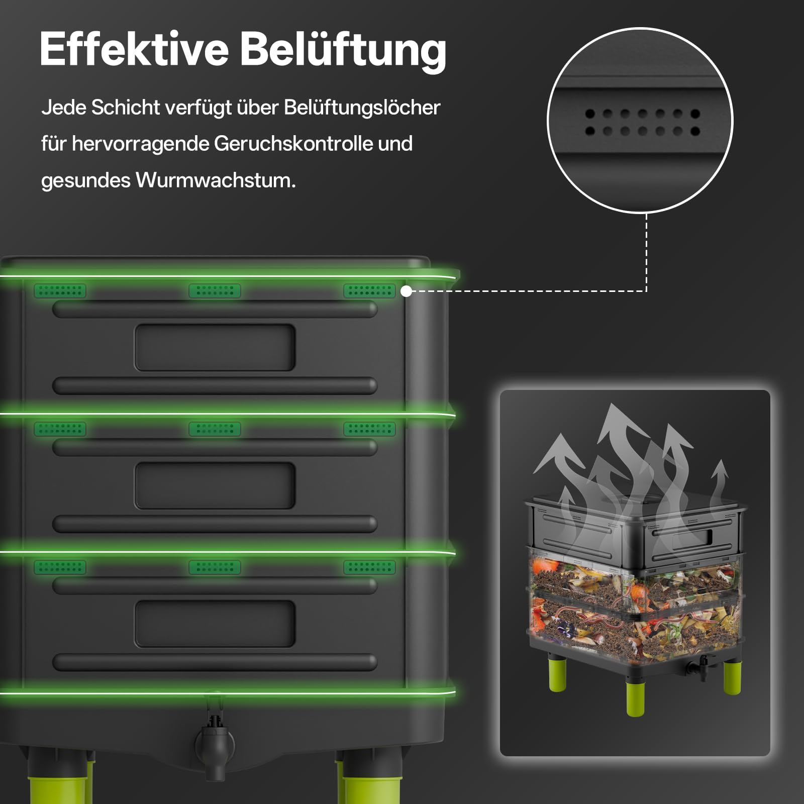 50 L 3‑Etagen Wurmkomposter für Innen & Außen – Starter Set aus Kunststoff als Wurmkiste & Wurmfarm für Küchenabfälle, Schwarz