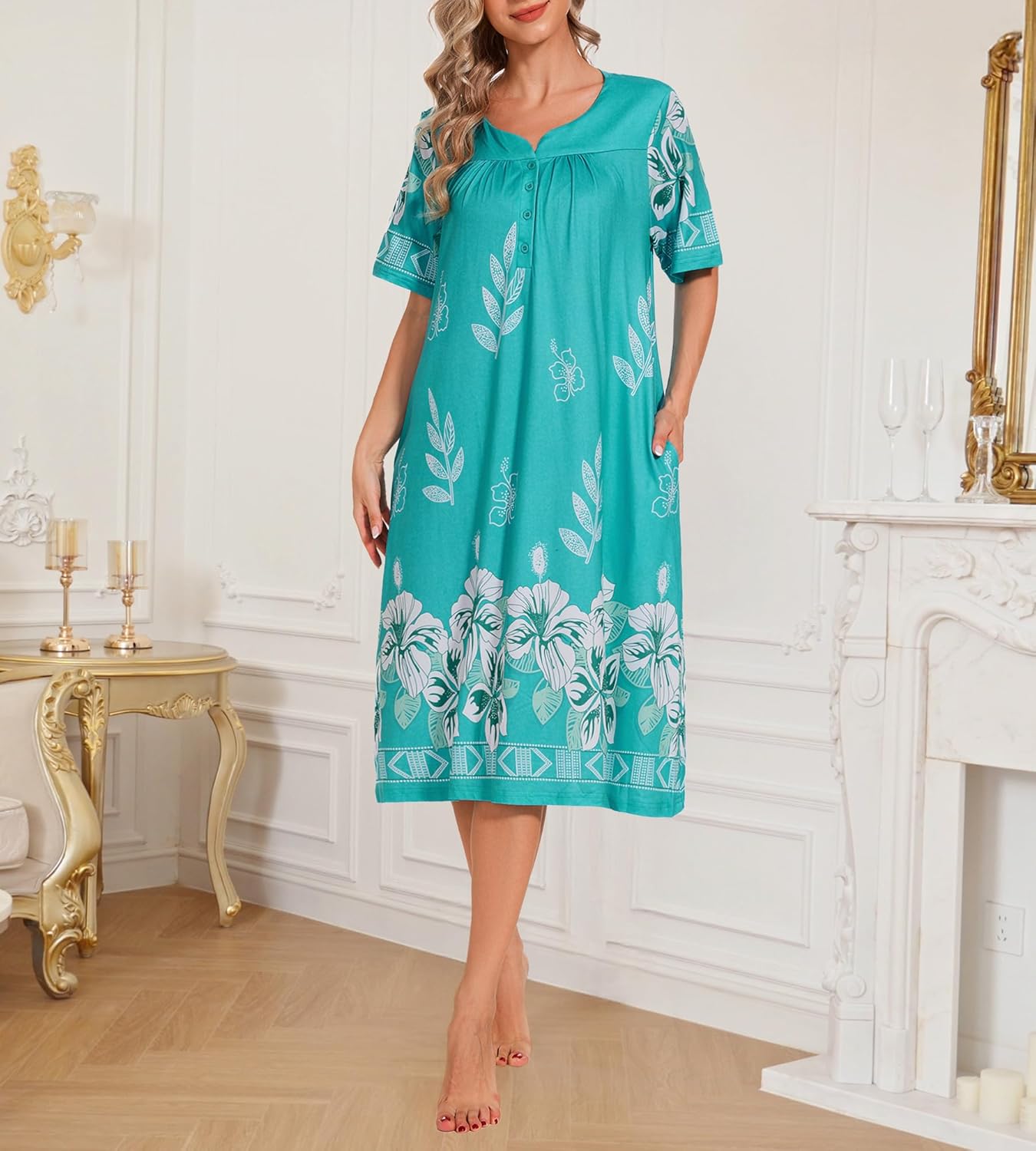 House Dresses for Women Floral Print Mumu Nightgowns Sleepwears with Pockets Lounge Dress - Image 2