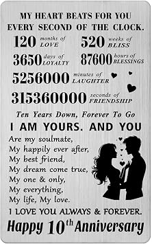 10 Year Wedding Anniversary Card Gifts - Happy 10th Anniversary Romantic Gifts for Him Her - Ten Year Wedding Wallet Card Presents for Husband Men