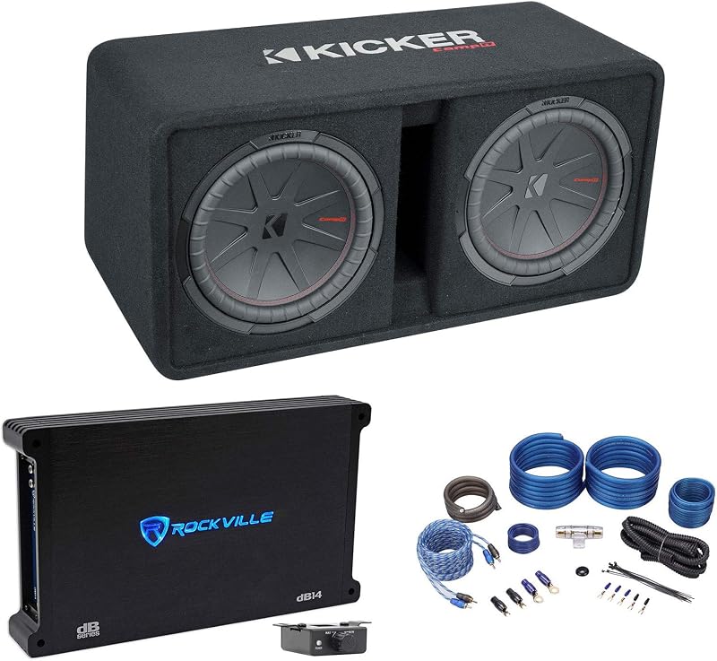 48DCWR122 COMPR12 Paquete de subwoofers duales de 12" y 2000 W con amplificador Rockville dB14 de 4000 vatios pico/1000 W CEA RMS mono de 2 ohmios, amplificador de audio para automóvil y kit de cables de instalación Rockville RWK41 (3 artículos)