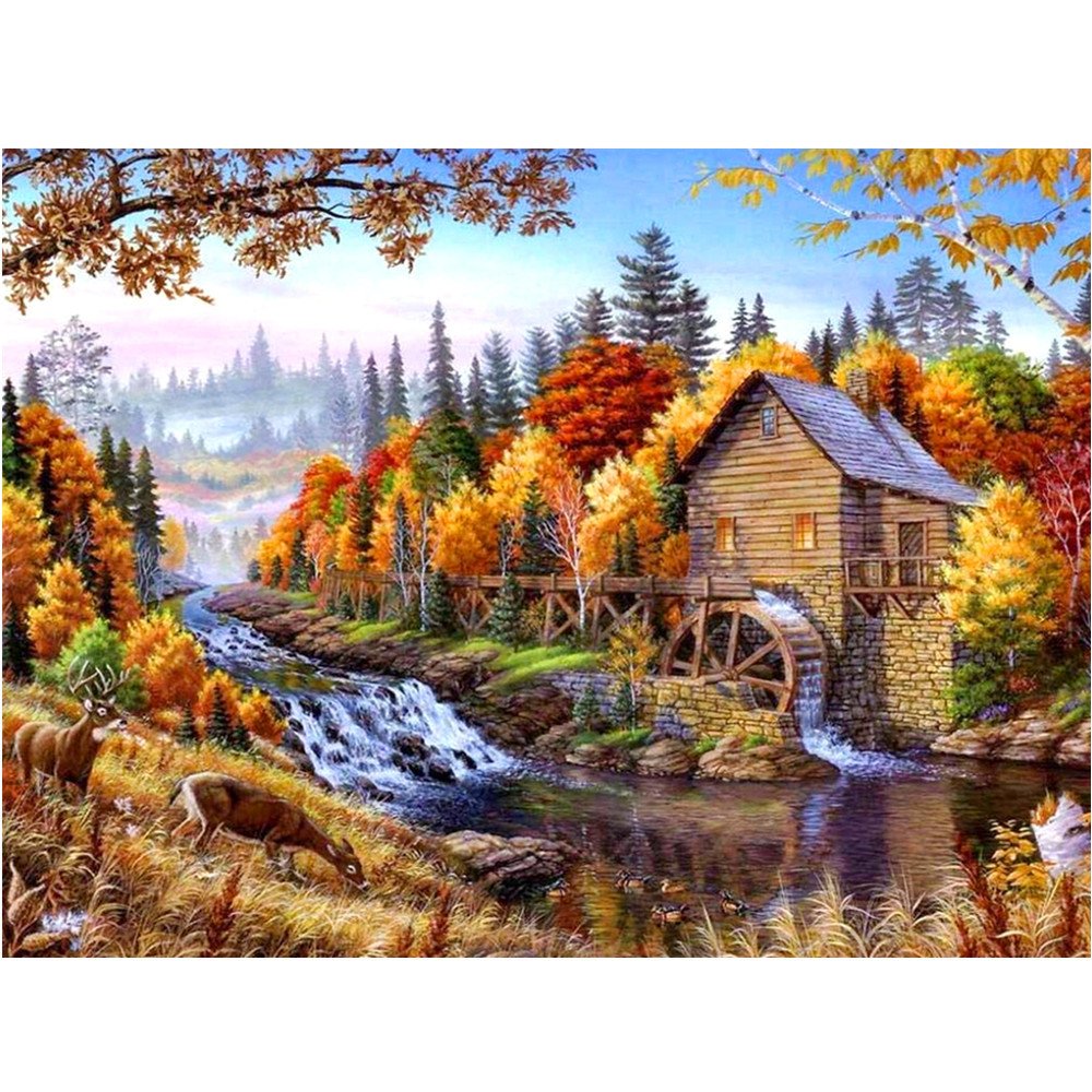 JoyJay DIY 5D Diamond Painting by Number Kits Full Drill Rhinestone Embroidery Cross Stitch Pictures Arts Craft for Home Wall Decor -House Woods and Creek
