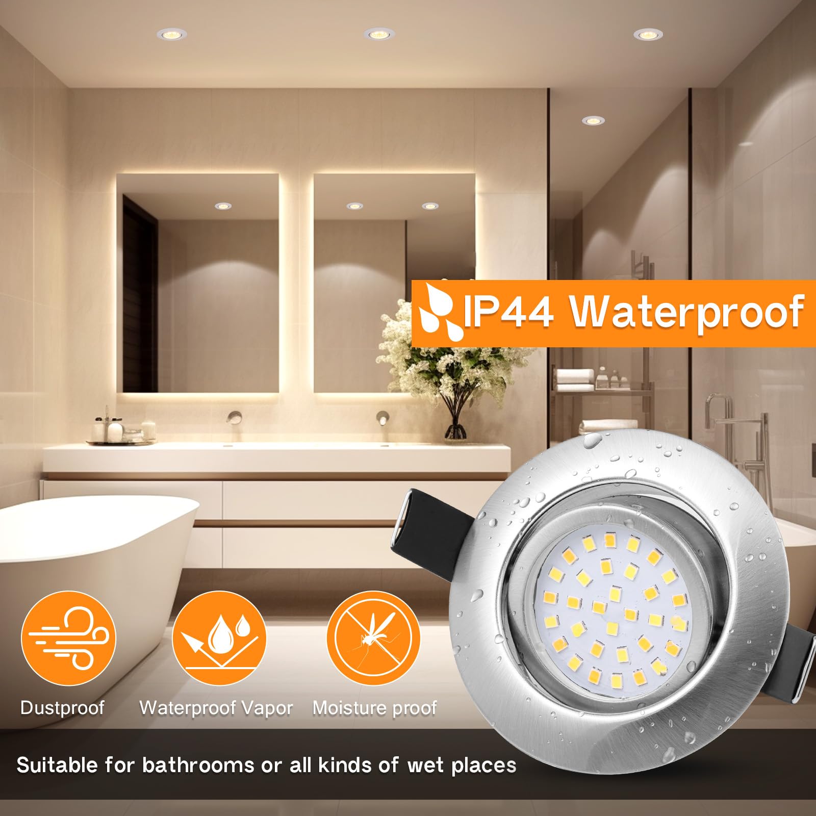 GeyouLux LED Einbaustrahler 230V Dimmbar, 6W IP44 Deckenspots, Einbauleuchten 65-75mm EinbauØ, 45° Schwenkbar 3000K/4000K/6500K Flach Einbauspots, 3CCT Spots für Badezimmer Wohnzimmer 6er Set Nickel