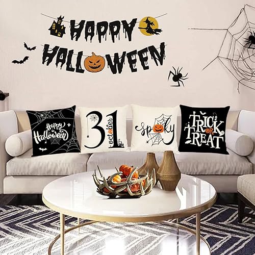 Miniatura 7 de Fundas de almohada de Halloween de 24 x 24 pulgadas, juego de 4 fundas de almohada decorativas con diseño de truco o trato, funda de almohada negra