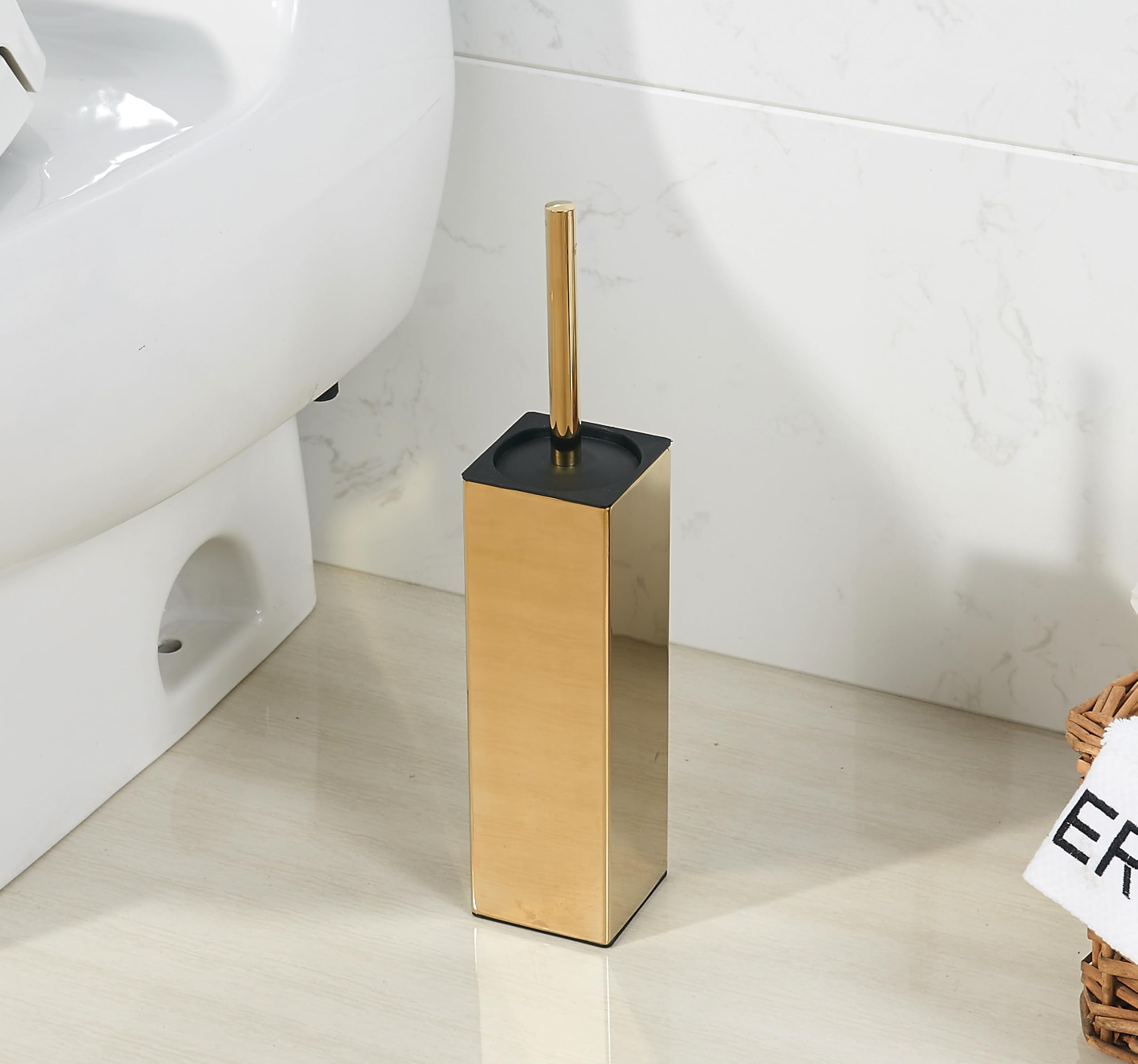 BGL Escobilla de inodoro cuadrada con soporte, cepillo de inodoro pintado de goma de acero inoxidable y soporte para baño, 2 cabezales de cepillo limpiador, dorado