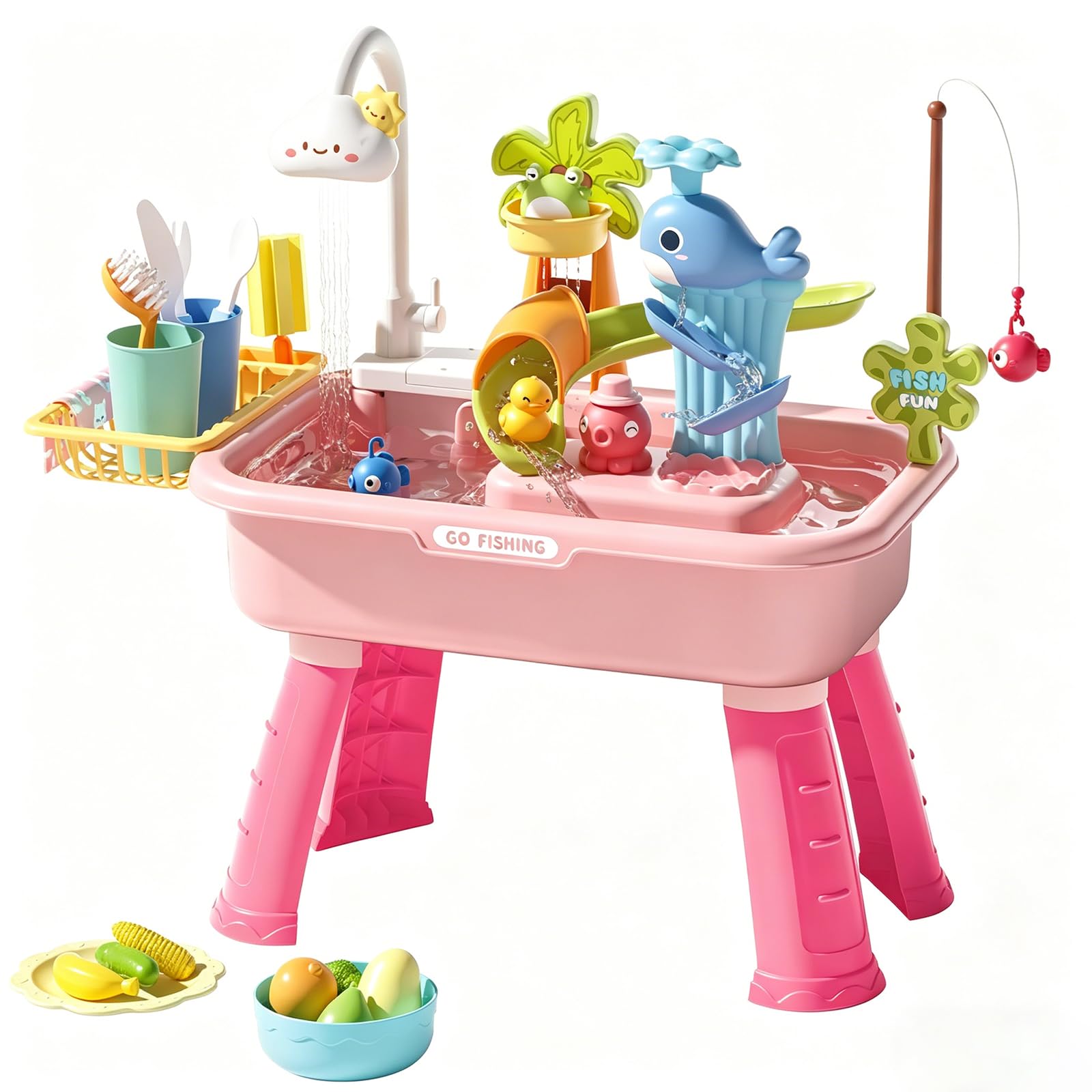 Water Table for Children, 180° Rotatable Faucet Kids Water Table with 39 Accessories＆Detachable Leg, with Electric Water Pump, Play Sink with Running Water, Summer Water Toys (pink)