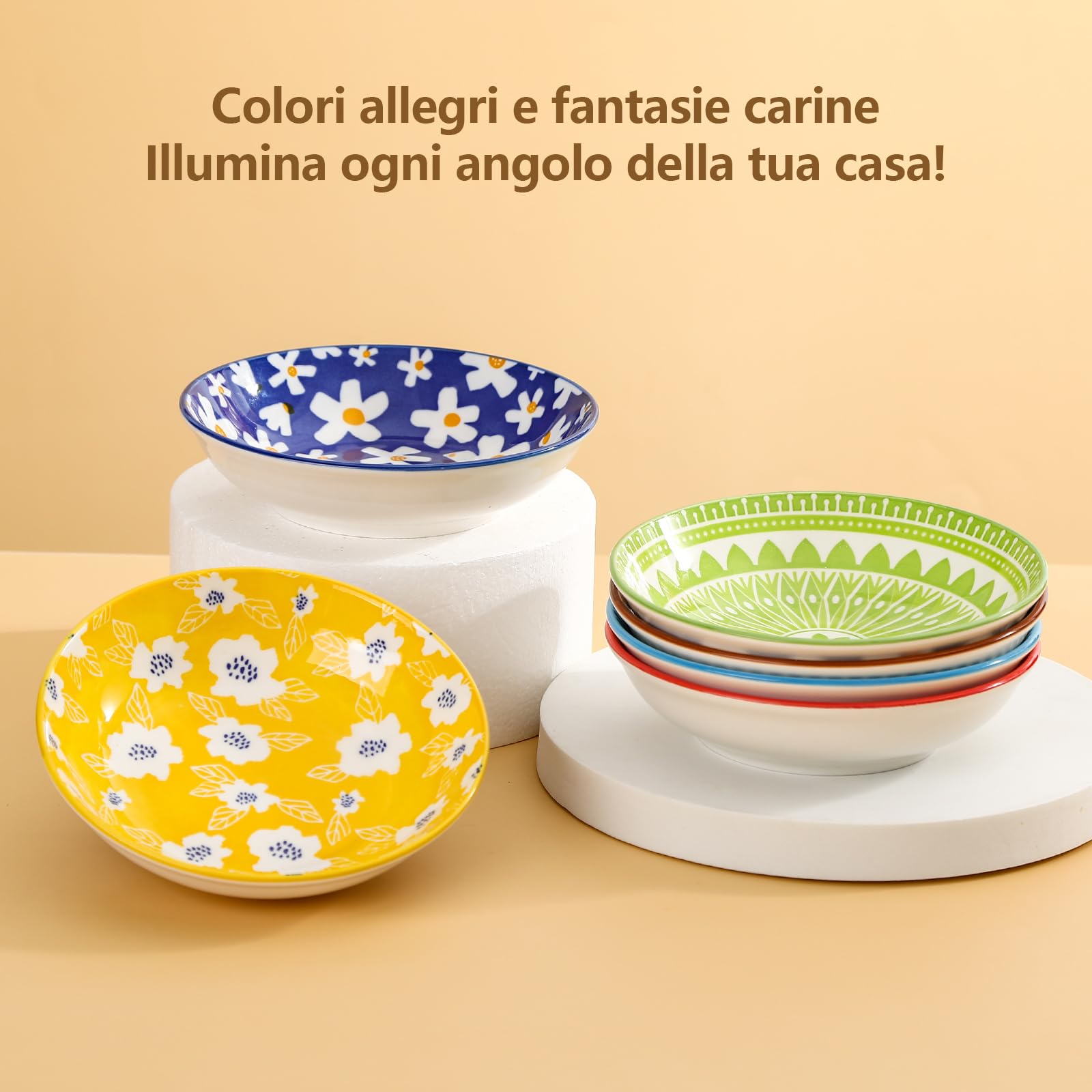 Ciotole per Gatti in Ceramica - Set di 6 Scodelle della Serie Fiaba in Porcellana - Ciotoline Colorate per Cibo - Piatti e Piattini per Mangiare - 250 ml