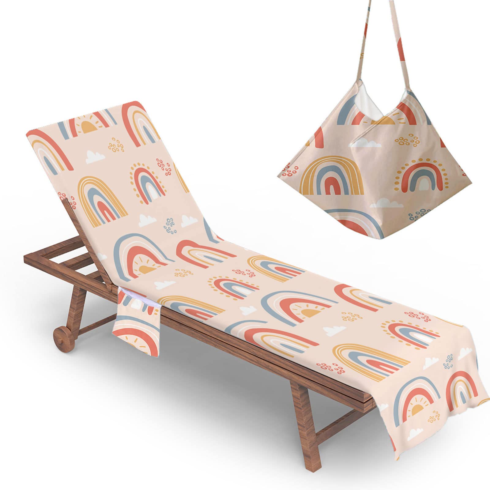 RRrawgff Beach Chair Cover Towel Cartoon Rainbow Print Beach Towel Lounger Bags with Pockets, Fitted Microfiber Sunbed Towels Summer Outdoor Sun Lounger Towels (73x210cm,Style J)
