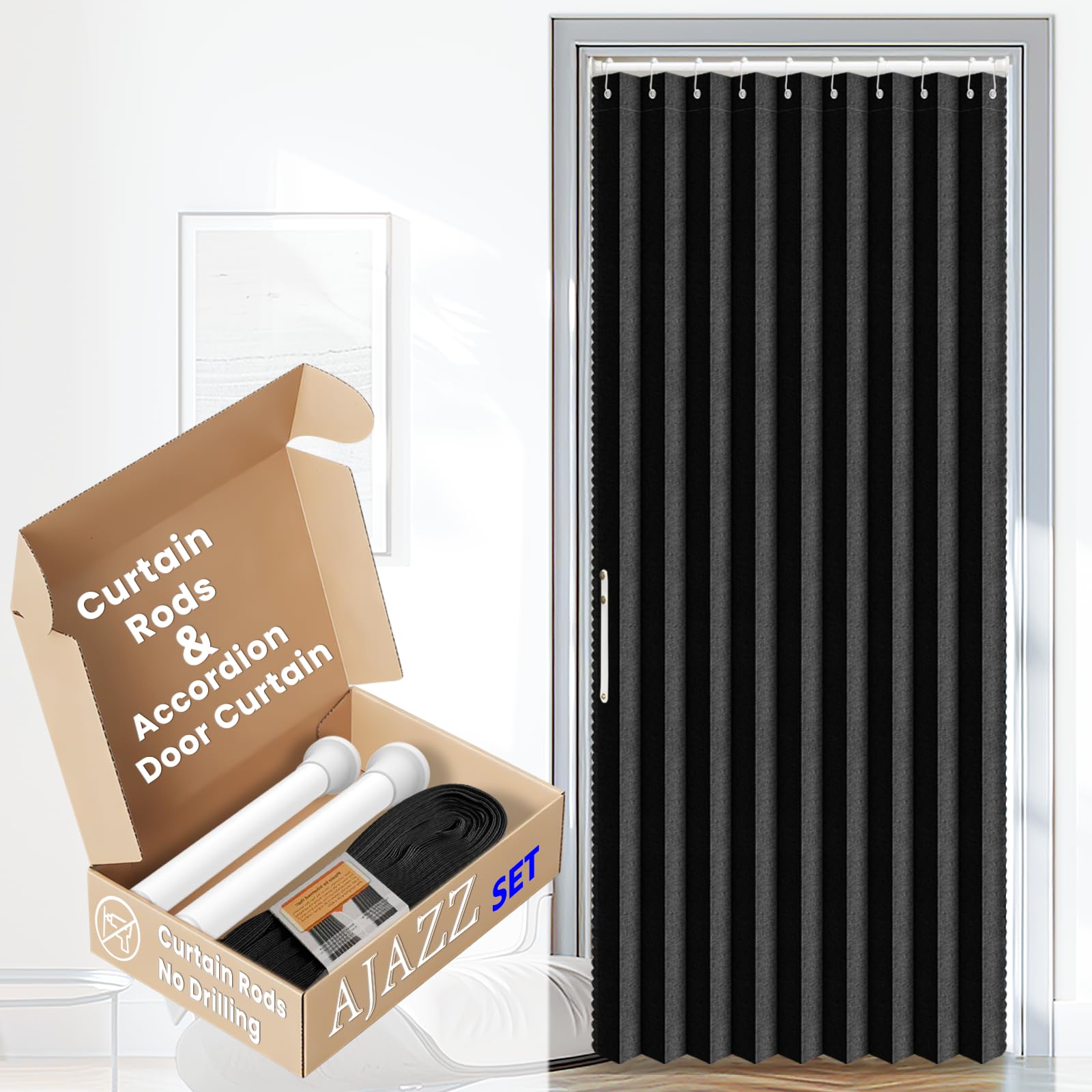 AJAZZ Set: Curtain Rods No Drilling (38-53" W Adjustable Range) & Accordion Door Curtain, Black 53W×78" L, Accordion Doors for Closet Doorway Room