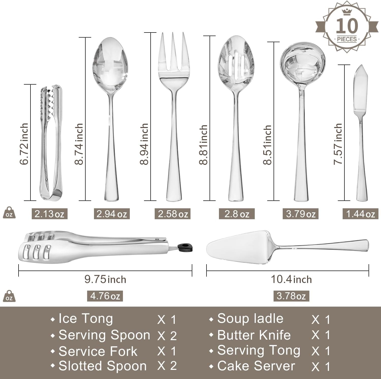 KINGSTONE 10 Piece Serving Utensils Set, 18/10 Stainless Steel Serving Utensils, Slotted Spoon, Fork, Tong, Soup Ladle, Cake Server, Butter Knife and Ice Tong for Buffet, Parties, Kitchen,Entertaining