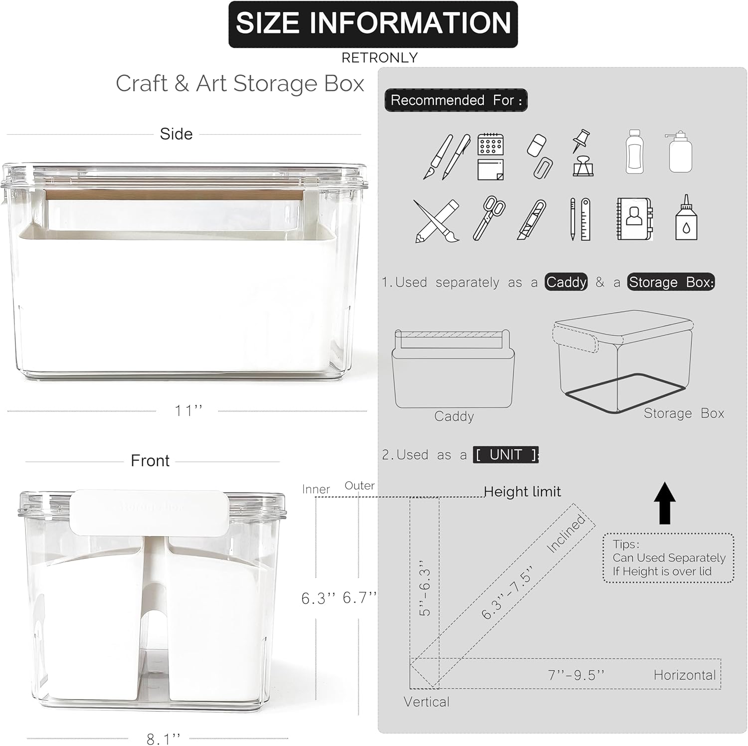 Art Craft Caddy with Lid - Art Supply Storage Organizer, Teacher Tool Box, Clear Craft Box for Kids(11'', Blue, 2in1 Set)