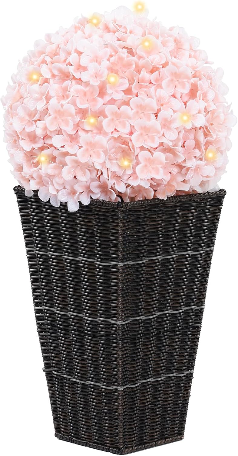 26" Artificial Topiary Plants with Lights, Pink Large Topiary Balls Artificial Outdoor Weather Resistant with Pot Outdoor Front Porch Decor