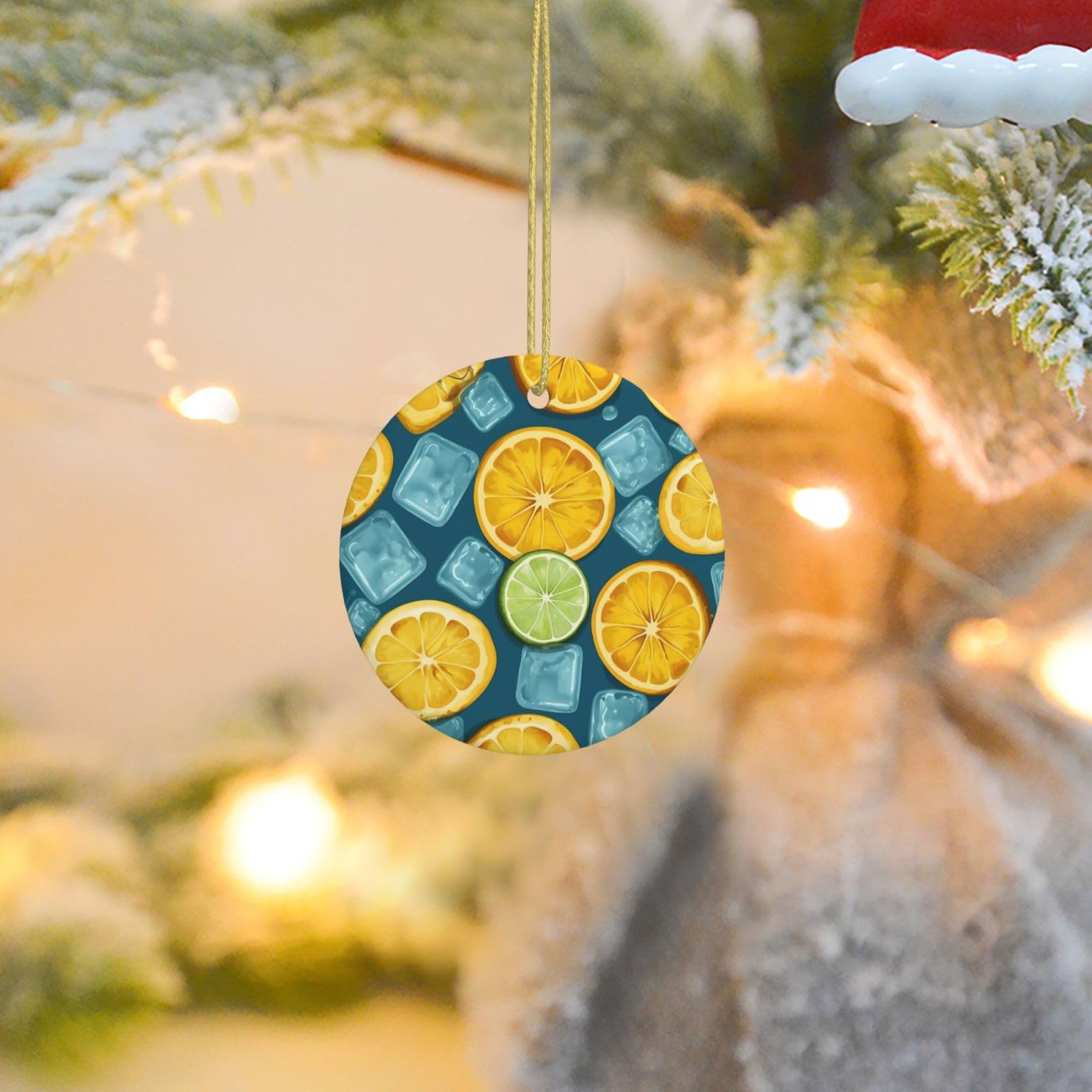 Christmas Tree Ornaments Ceramics Christmas Round Decorations Ice Cubes and Lemon Ceramics Ornaments Circle Pentagram Xmas Tree Hanging Pendant for Christmas Tree Party Holiday Home Decor