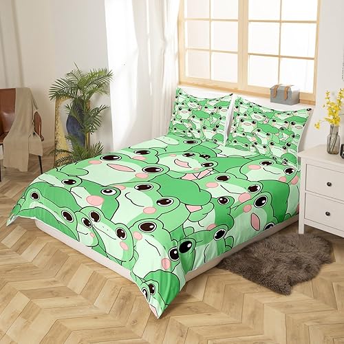 Miniatura 2 de Juego de funda de edredón de rana linda tamaño completo, juego de ropa de cama de animales anfibios de 3 piezas para decoración de dormitorio de