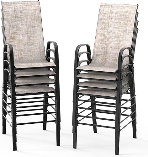 Vista 18 de VINGLI Juego de 4 taburetes de bar apilables para exteriores, sillas tipo honda con respaldo alto y reposabrazos, para césped, jardín, bar, gris