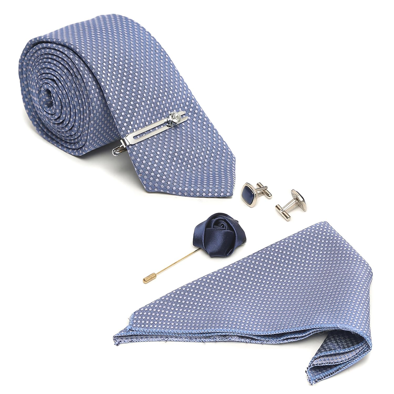 Mens Silk Necktie Gift Combo Set With Pocket Square Cufflinks Brooch (Prague)-image-23