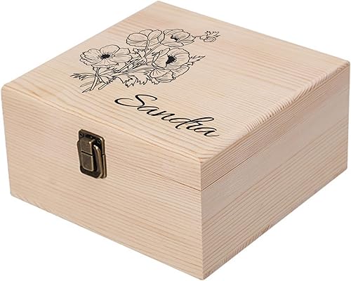 Caja de recuerdos de madera personalizada con flor de nacimiento y nombre, caja de almacenamiento decorativa de madera personalizada con tapas, caja
