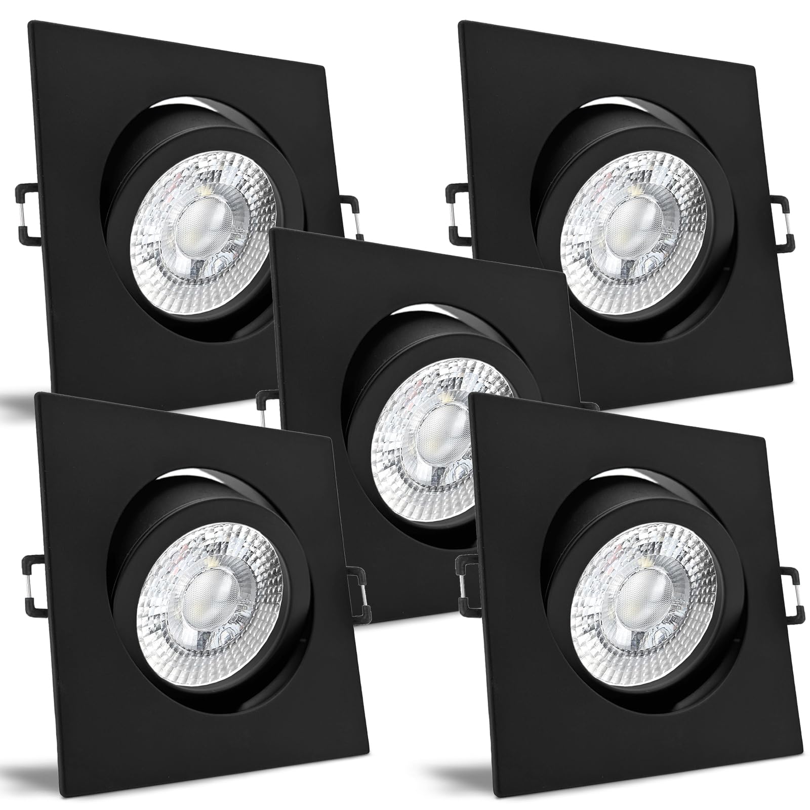 trendlights24 Carree-C LED Einbaustrahler 230V Schwarz eckig 3-Stufen dimmbar extra flach 35mm, 5er Set Neutralweiß 5W LED-Spots, Deckenspots schwenkbar