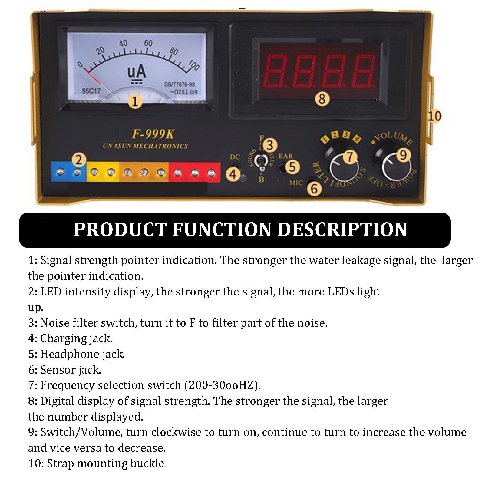 Detector de fugas de agua, sensor geófono, herramienta de detección de fugas para interiores y exteriores, sensor eléctrico preciso de fugas con auriculares y funda de transporte, engranaje ajustable